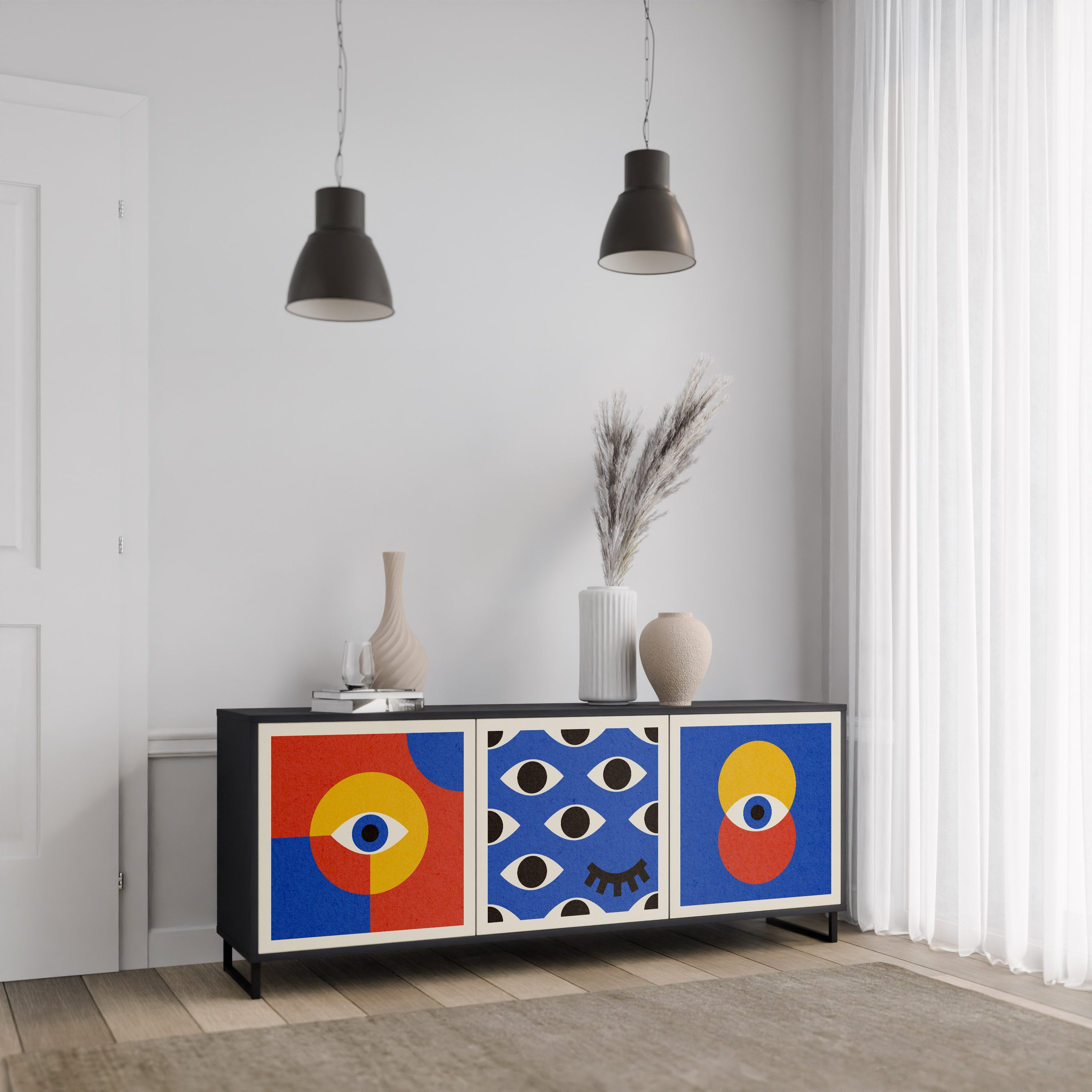 GEOMETRIC EYES 3-dörrars skänk i svart finish