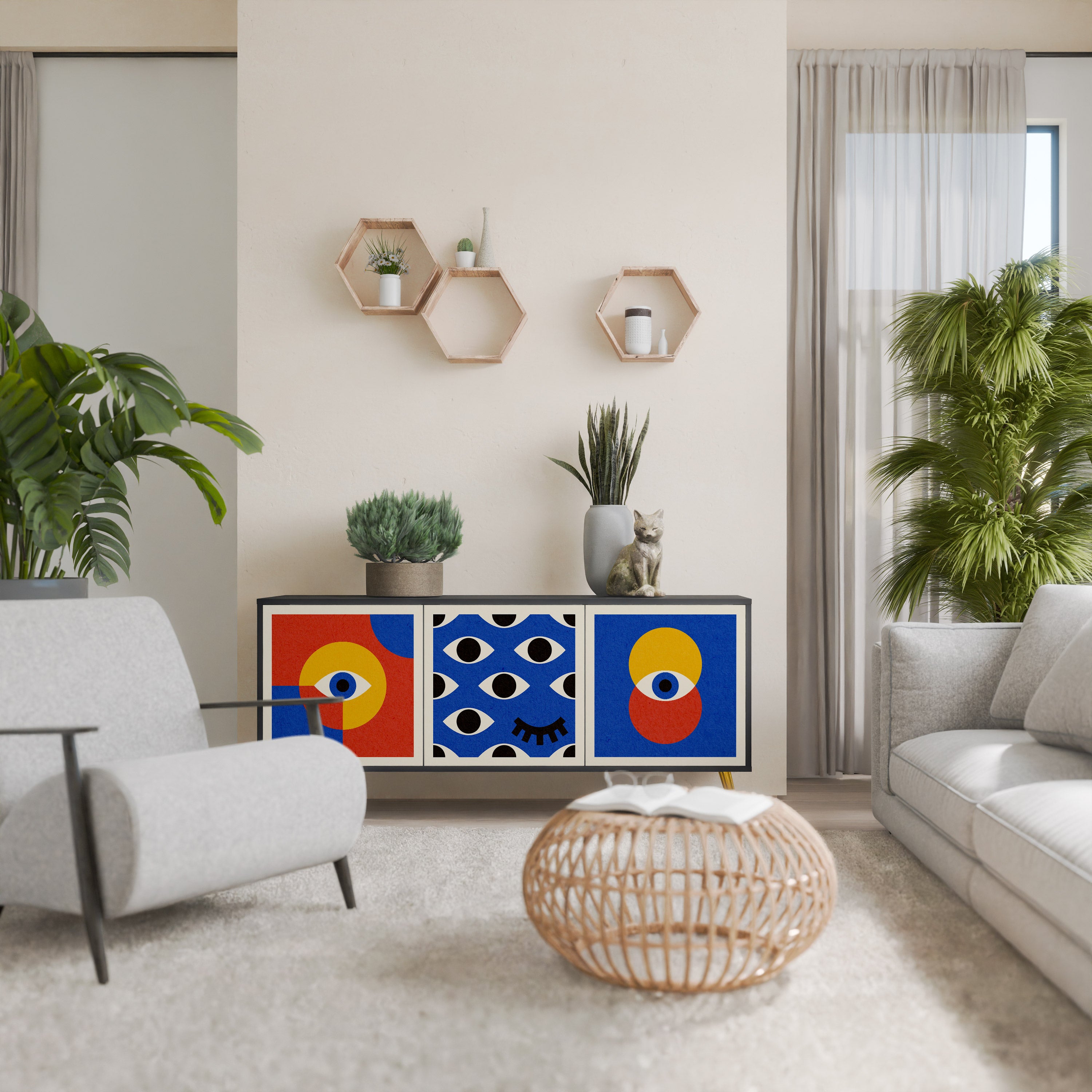 GEOMETRIC EYES 3-dörrars skänk i svart finish