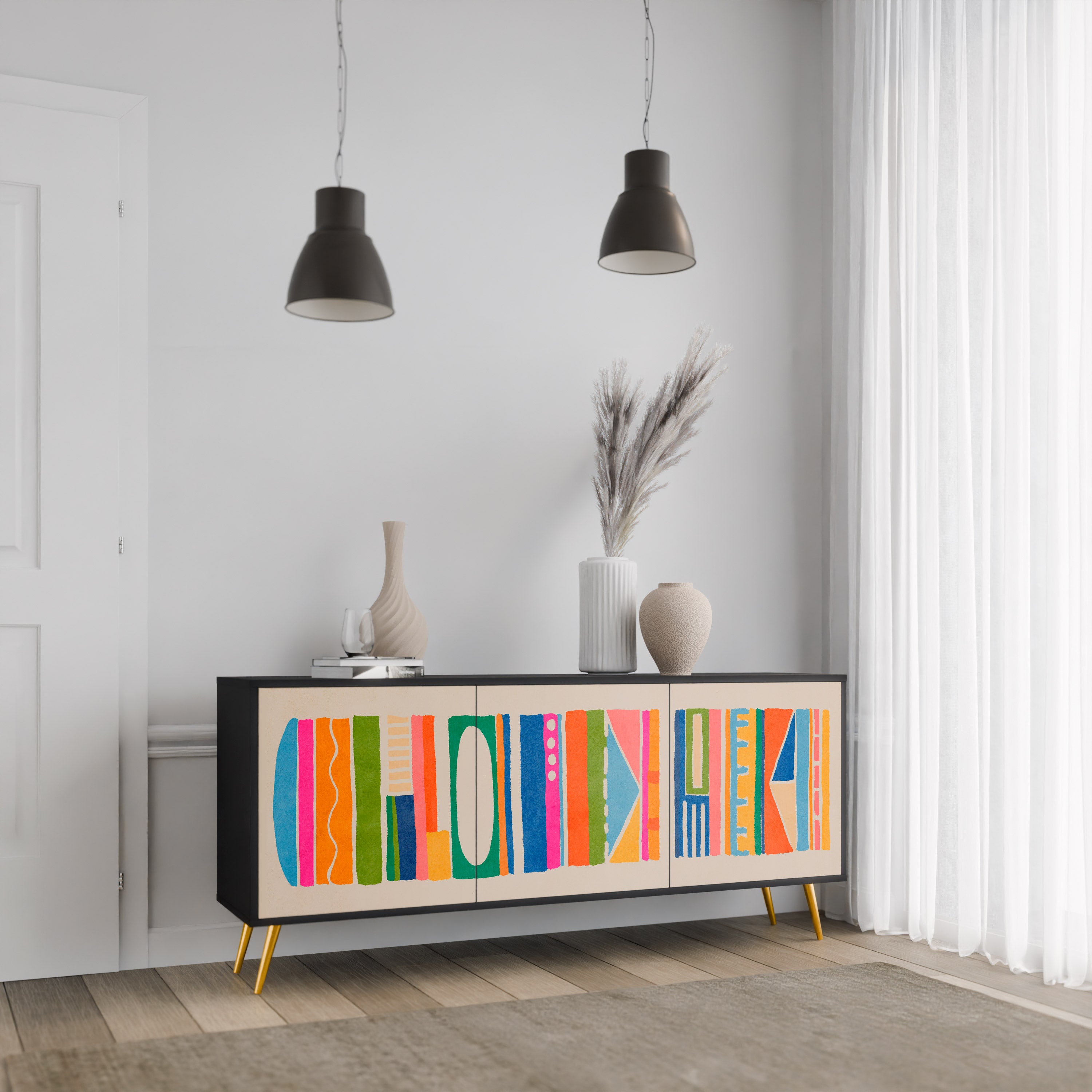 GEOMETRIC SHINE 3-dörrars skänk i svart finish