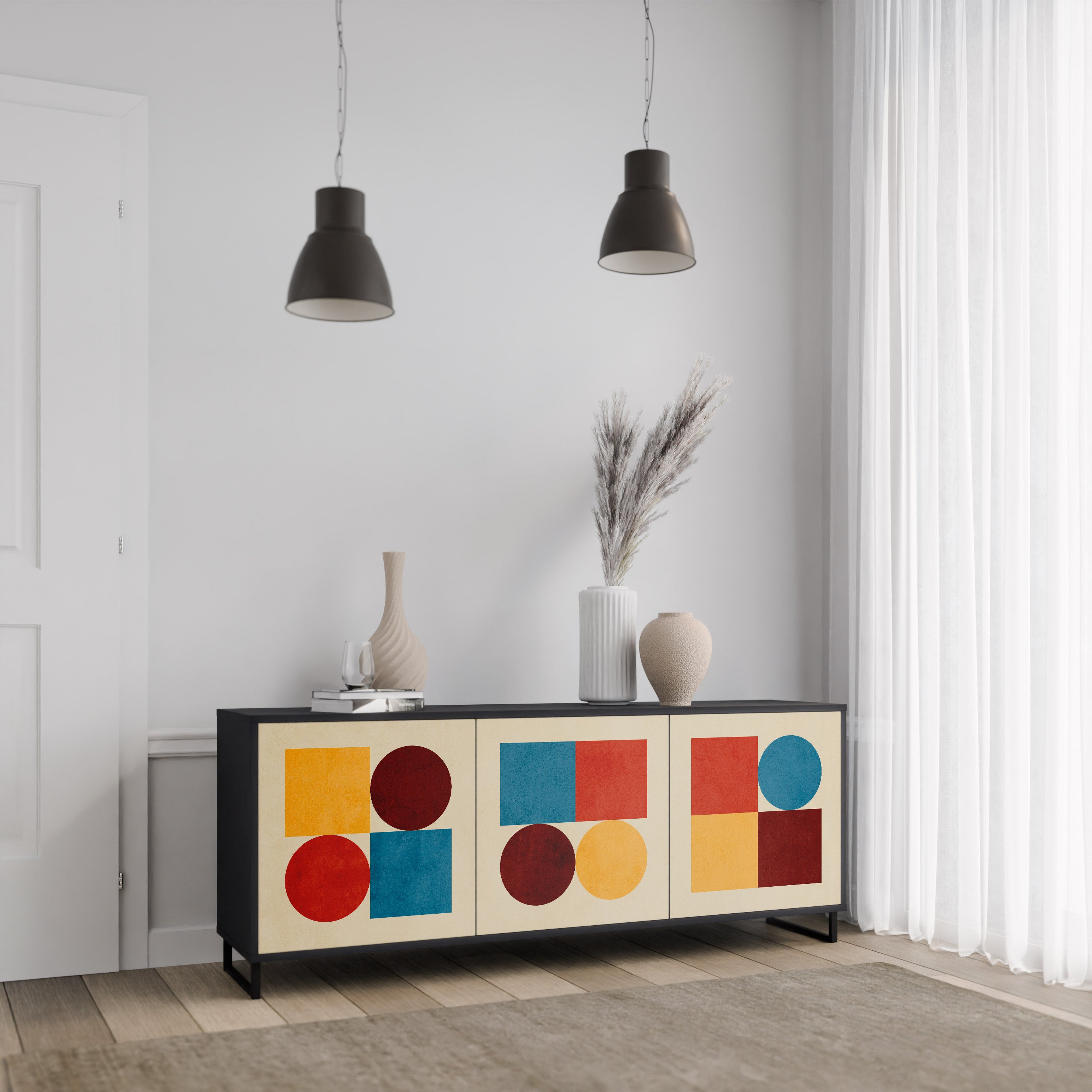 GEOMETRIC PUZZLE 3-dörrars skänk i svart finish