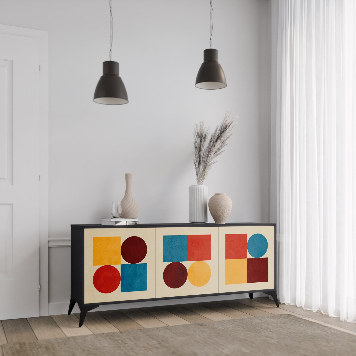 GEOMETRIC PUZZLE 3-dörrars skänk i svart finish