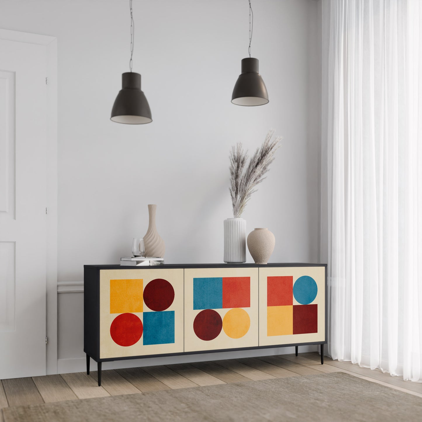 GEOMETRIC PUZZLE 3-dörrars skänk i svart finish