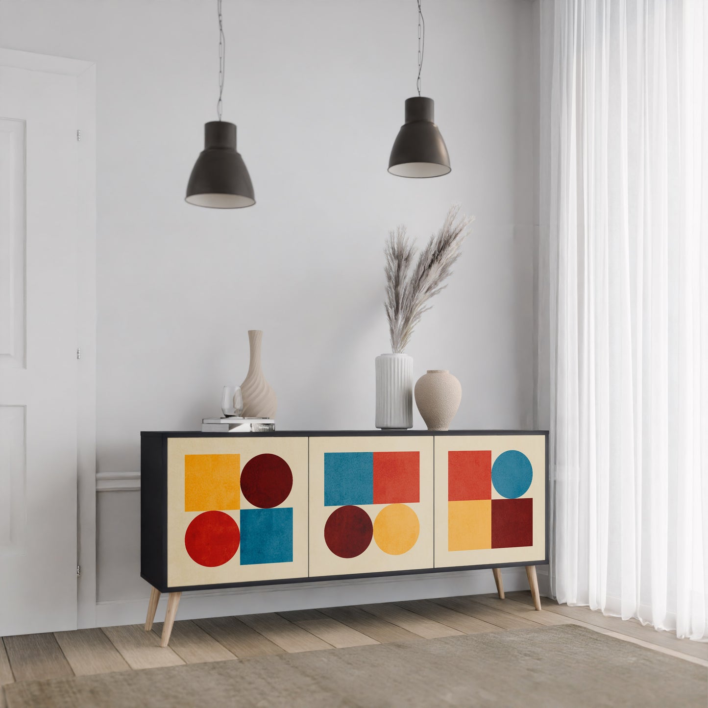 GEOMETRIC PUZZLE 3-dörrars skänk i svart finish