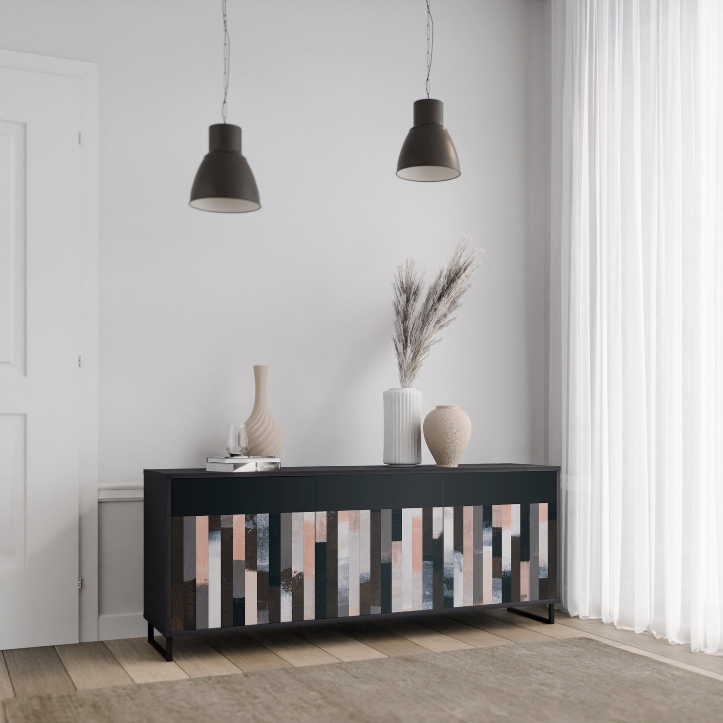 COLLAGE OF RECTANGLES 3-Door Sideboard in Black Finish