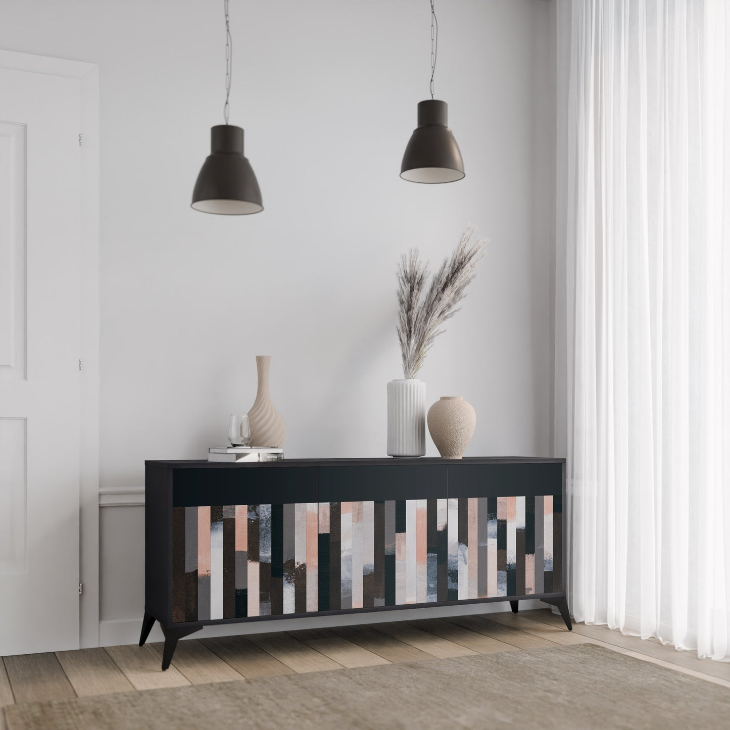 COLLAGE OF RECTANGLES 3-Door Sideboard in Black Finish