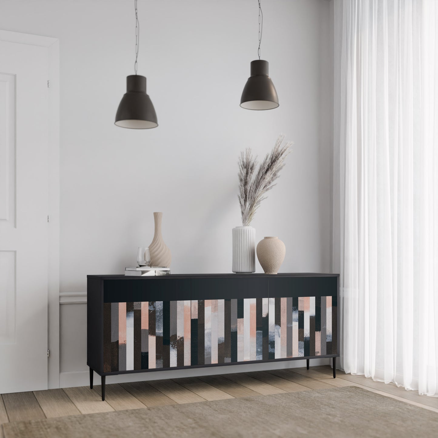 COLLAGE OF RECTANGLES 3-Door Sideboard in Black Finish