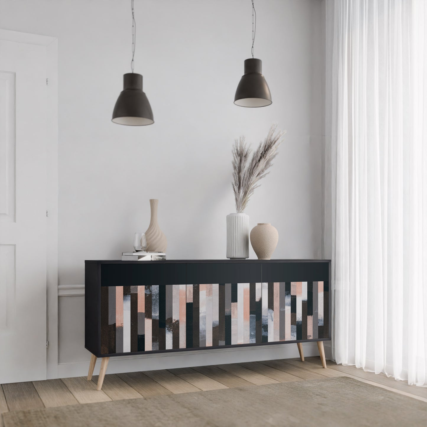 COLLAGE OF RECTANGLES 3-Door Sideboard in Black Finish