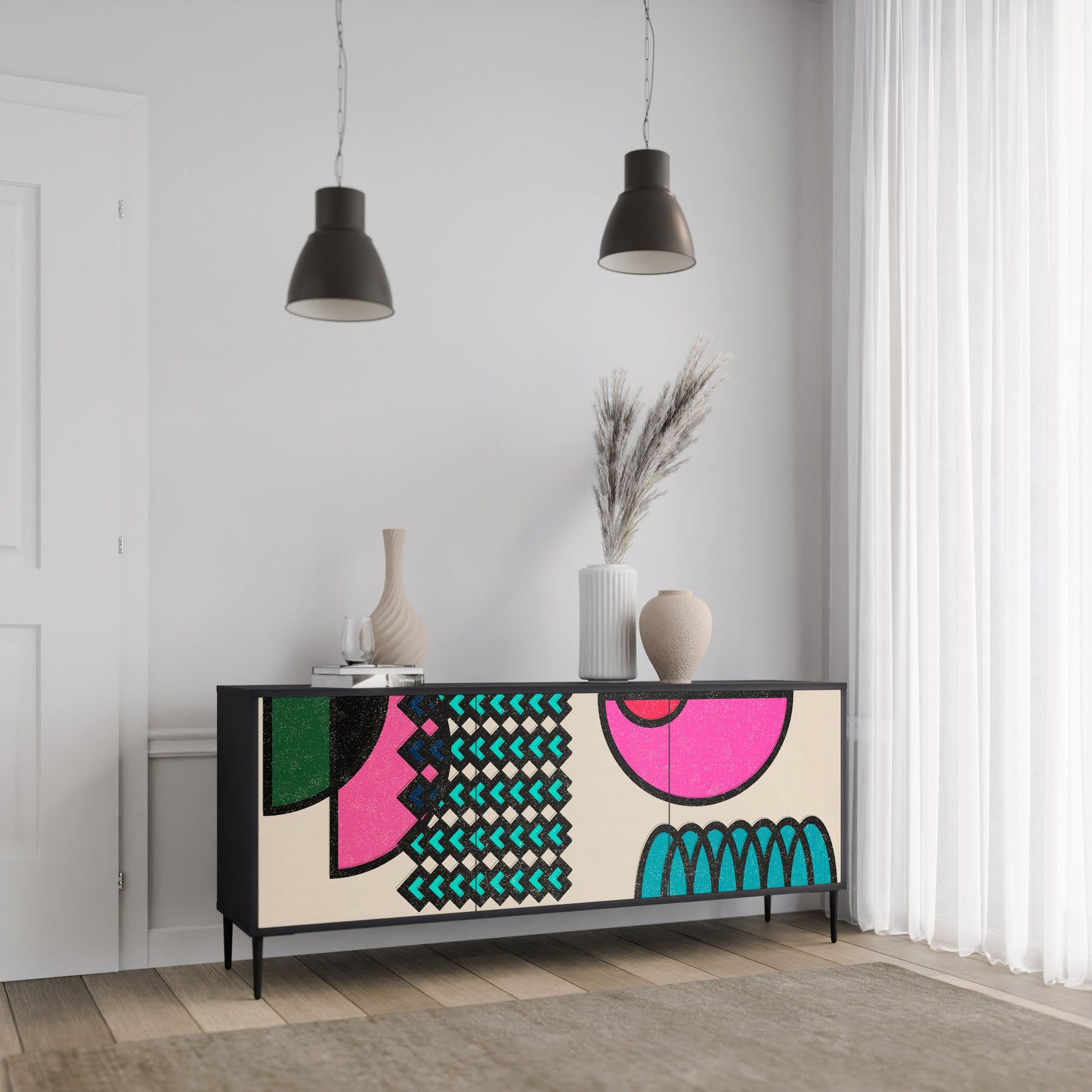 GEOMETRIC RHAPSODY 3-dörrars skänk i svart finish