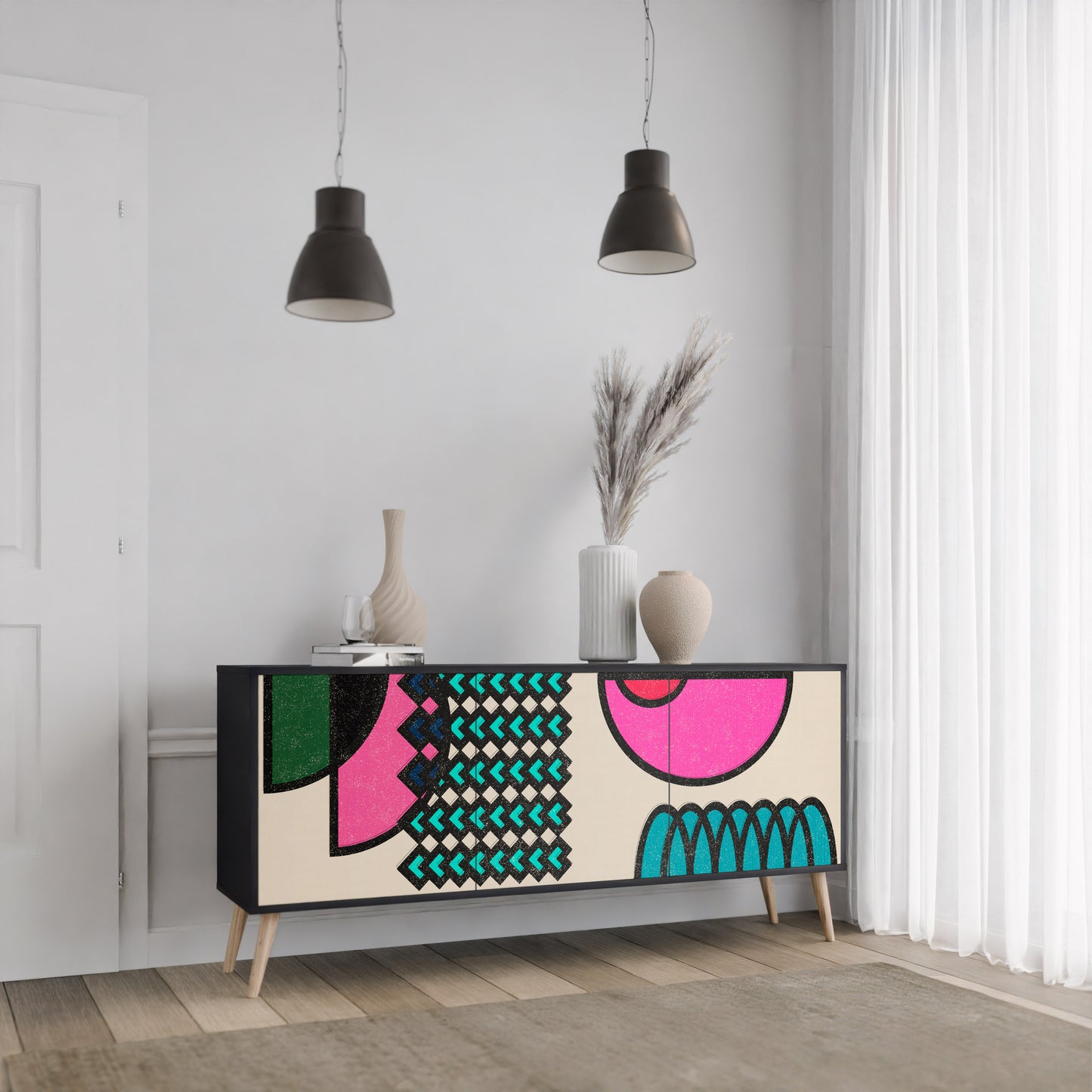 GEOMETRIC RHAPSODY 3-dörrars skänk i svart finish