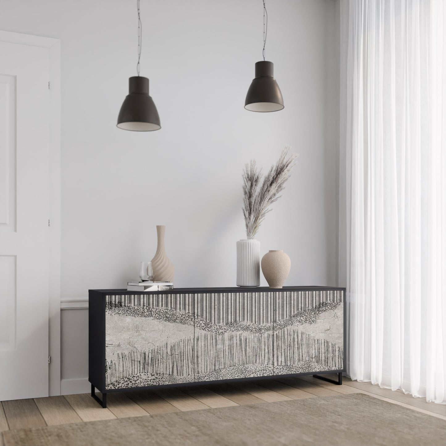GRAIN LINES 3-dörrars skänk i svart finish