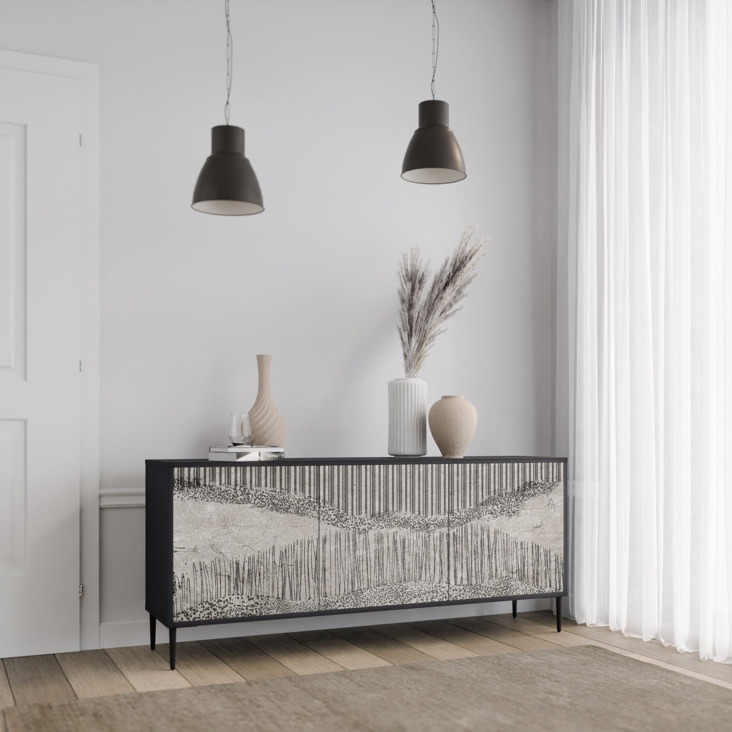 GRAIN LINES 3-dörrars skänk i svart finish
