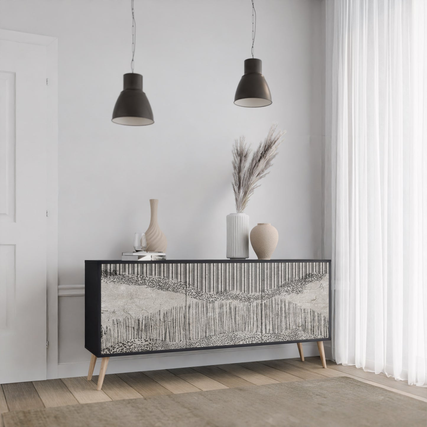 GRAIN LINES 3-dörrars skänk i svart finish