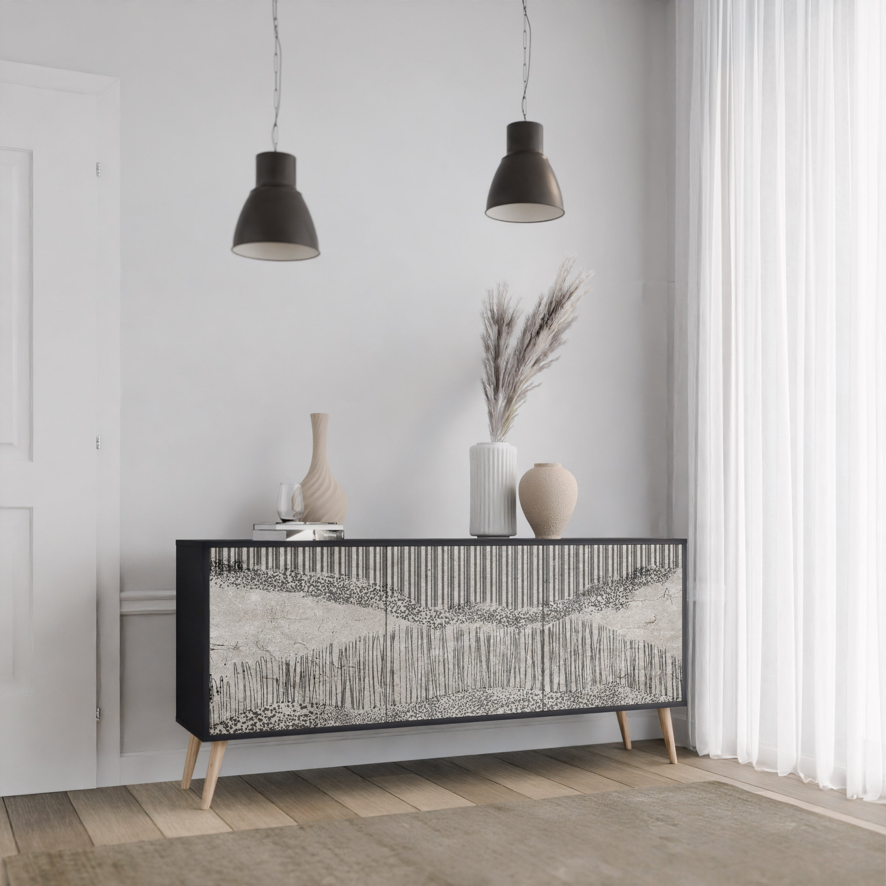 GRAIN LINES 3-dörrars skänk i svart finish