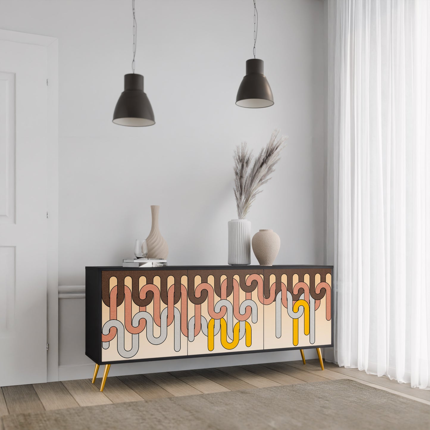 COLORFUL STRINGS 3-Door Sideboard in Black Finish