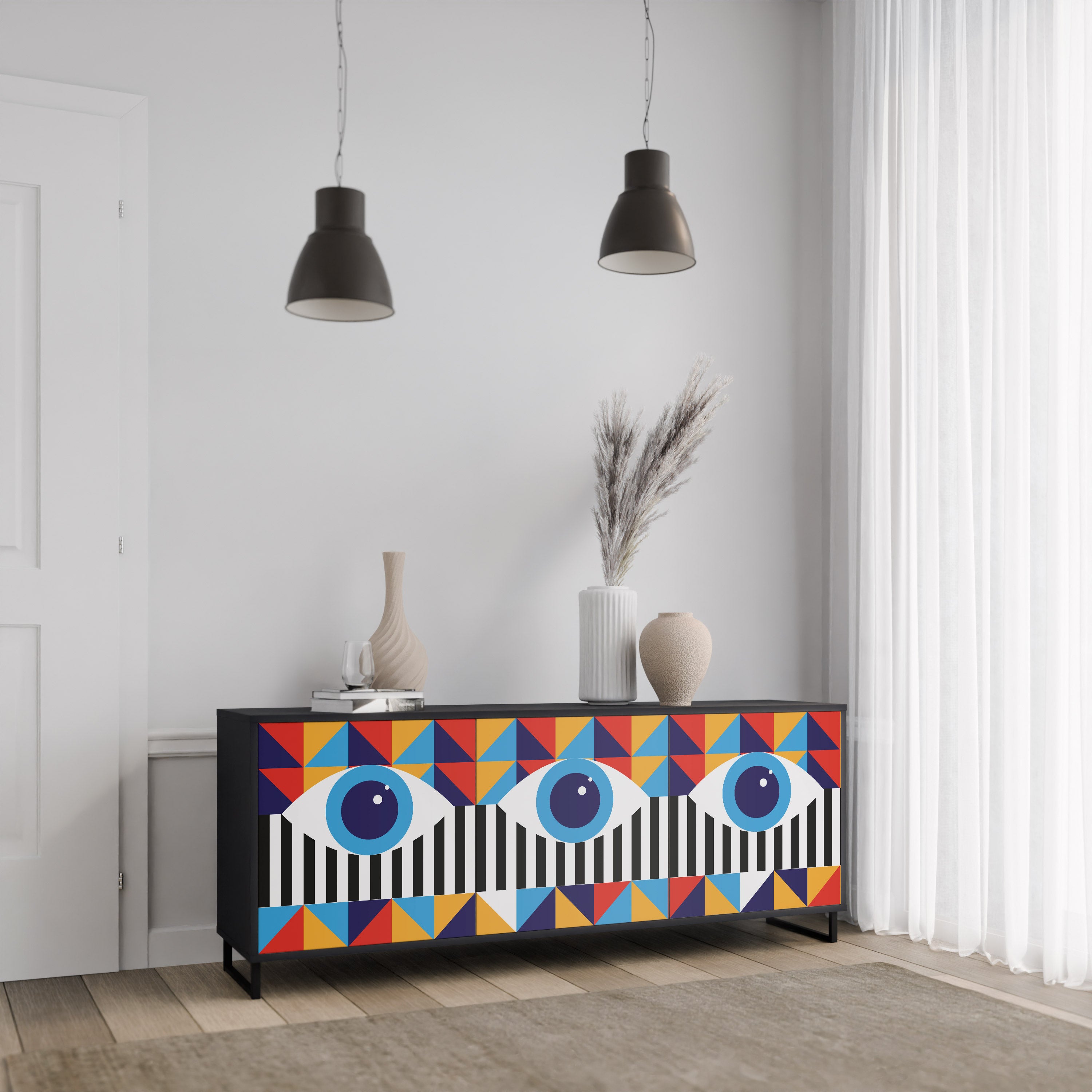 ABSTRAKTION OCH GEOMETRI 3-dörrars skänk i svart finish
