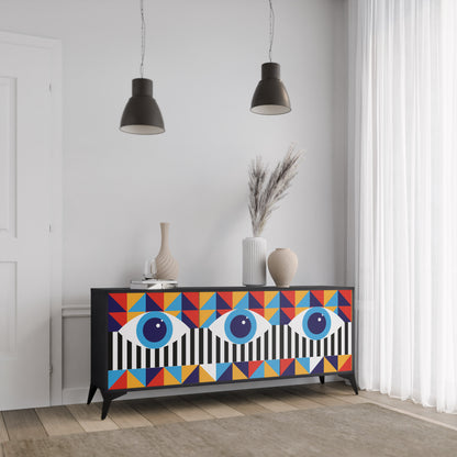 ABSTRAKTION OCH GEOMETRI 3-dörrars skänk i svart finish