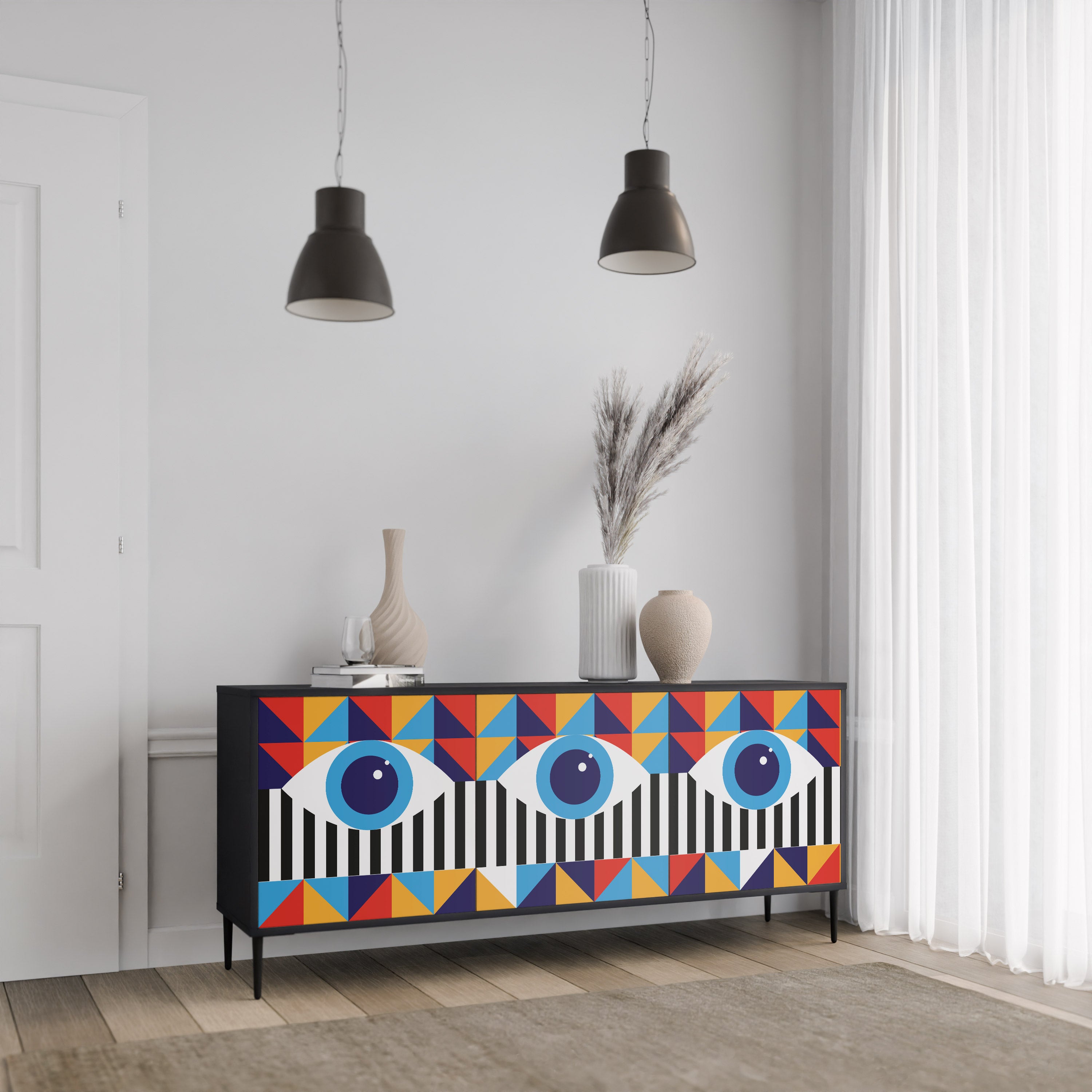ABSTRAKTION OCH GEOMETRI 3-dörrars skänk i svart finish