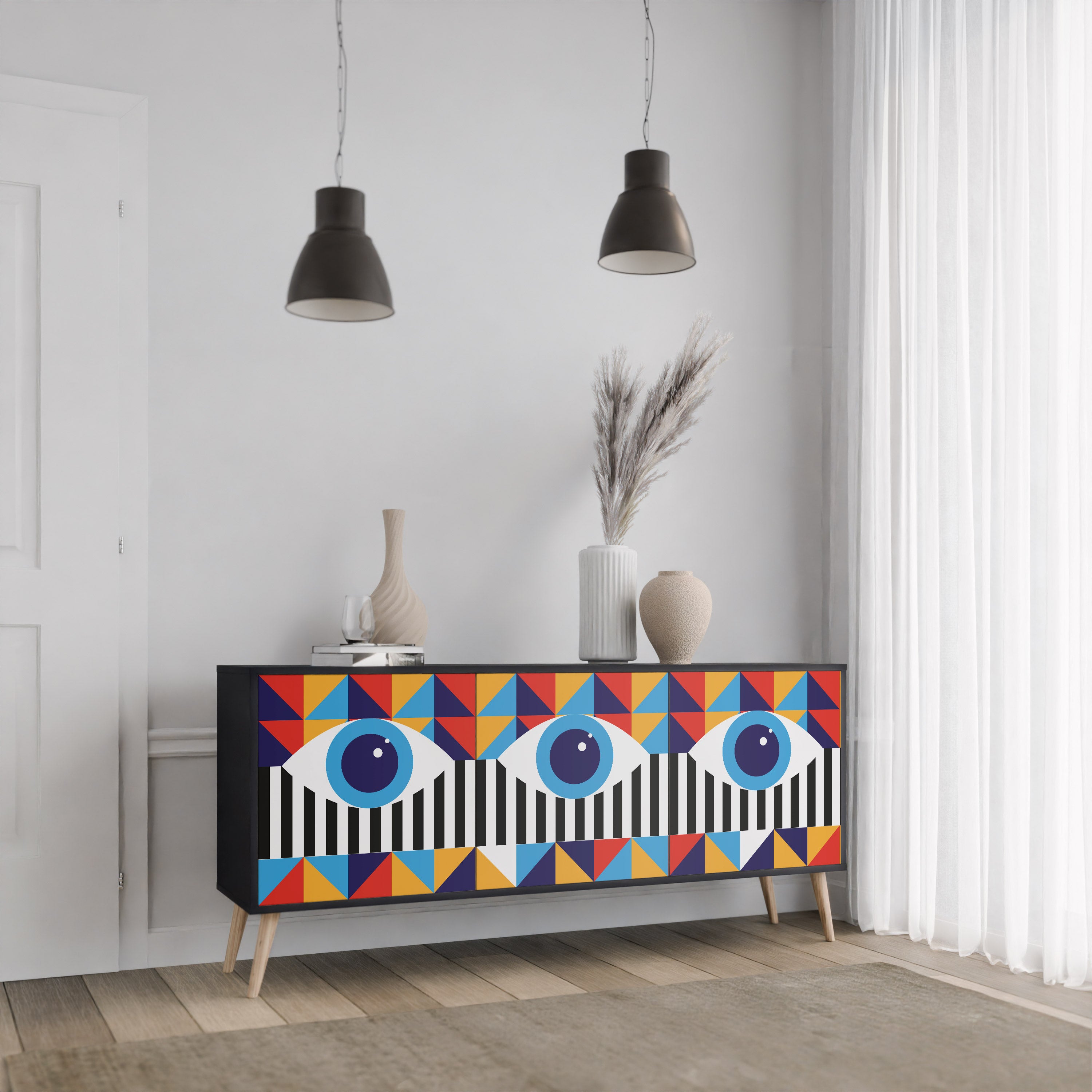 ABSTRAKTION OCH GEOMETRI 3-dörrars skänk i svart finish