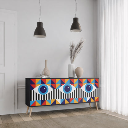 ABSTRAKTION OCH GEOMETRI 3-dörrars skänk i svart finish