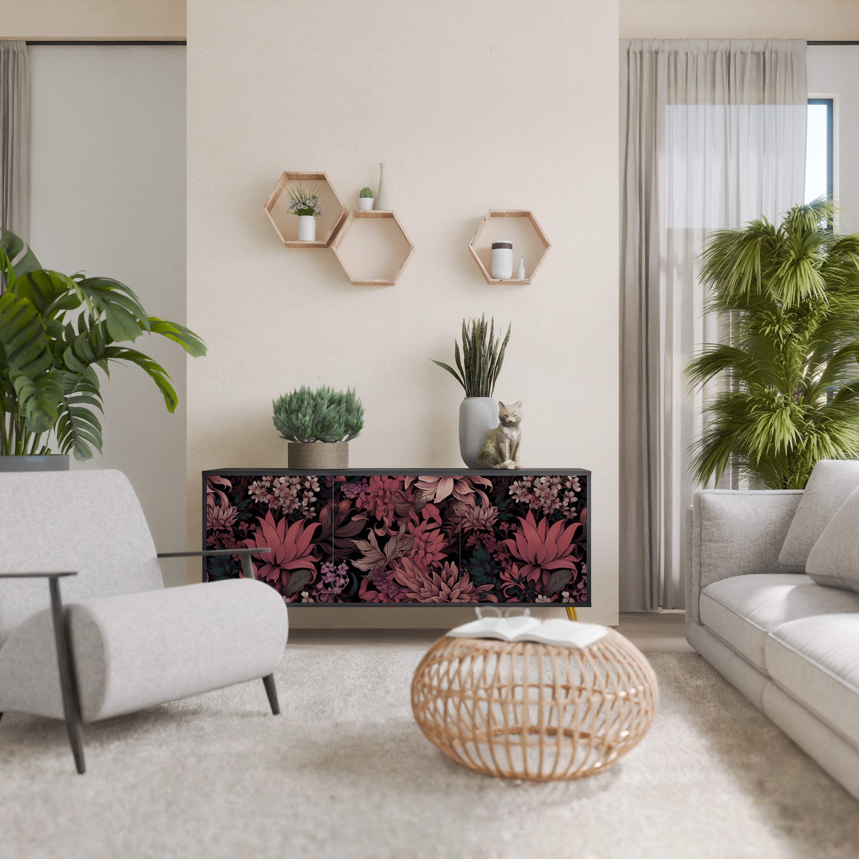 FLORAL WHISPER 3-dörrars skänk i svart finish