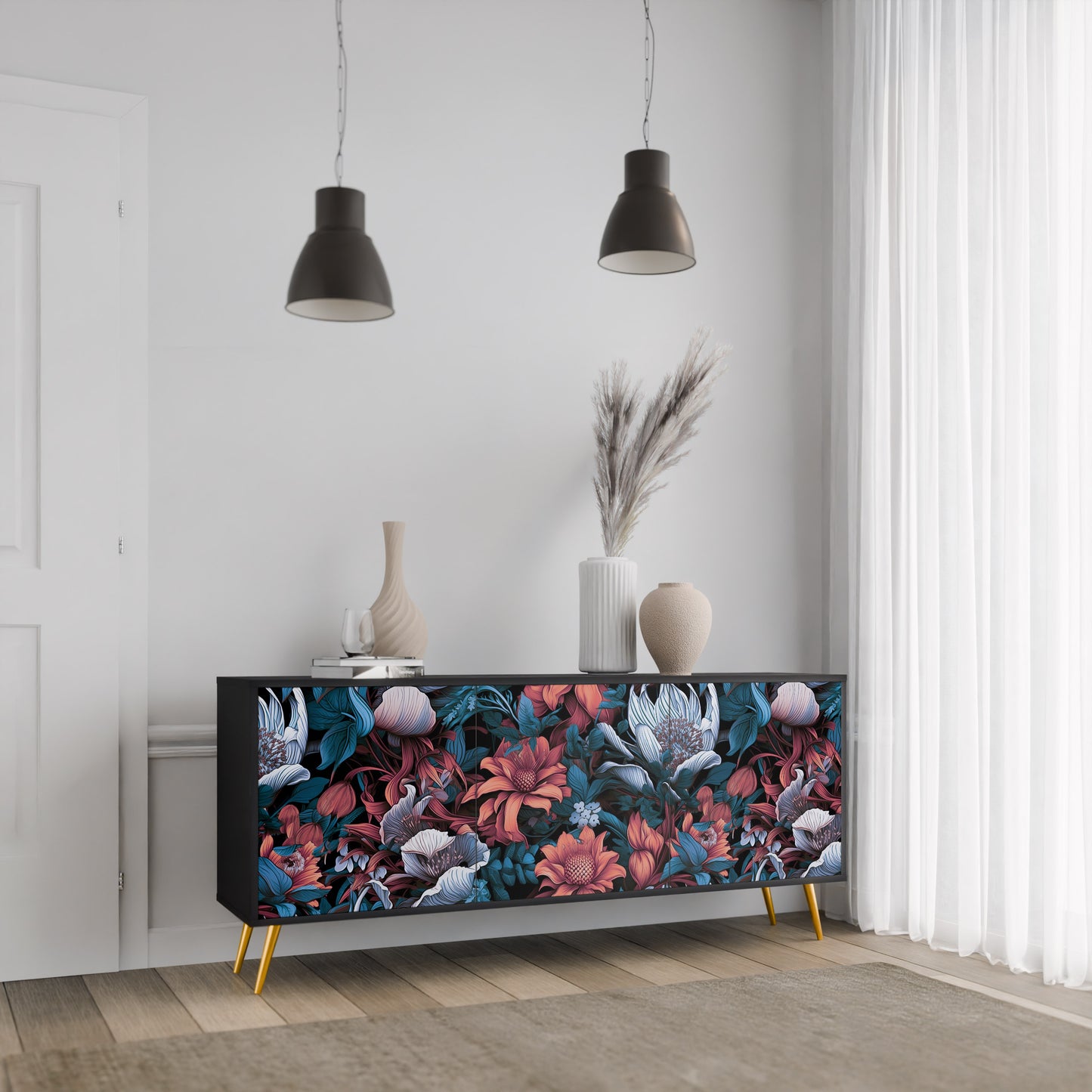 ETHEREAL BLOSSOMS 3-dörrars skänk i svart finish