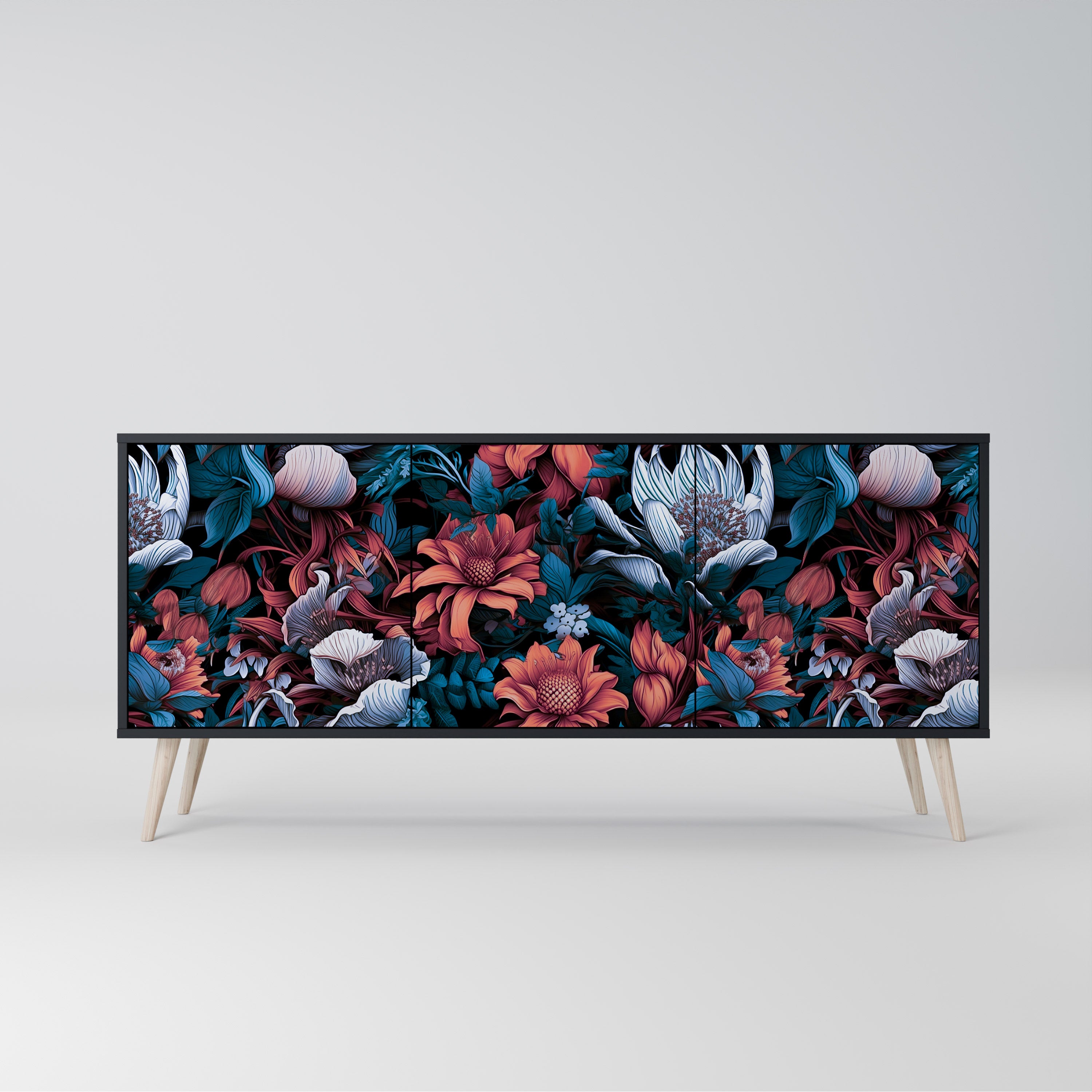 ETHEREAL BLOSSOMS 3-dörrars skänk i svart finish