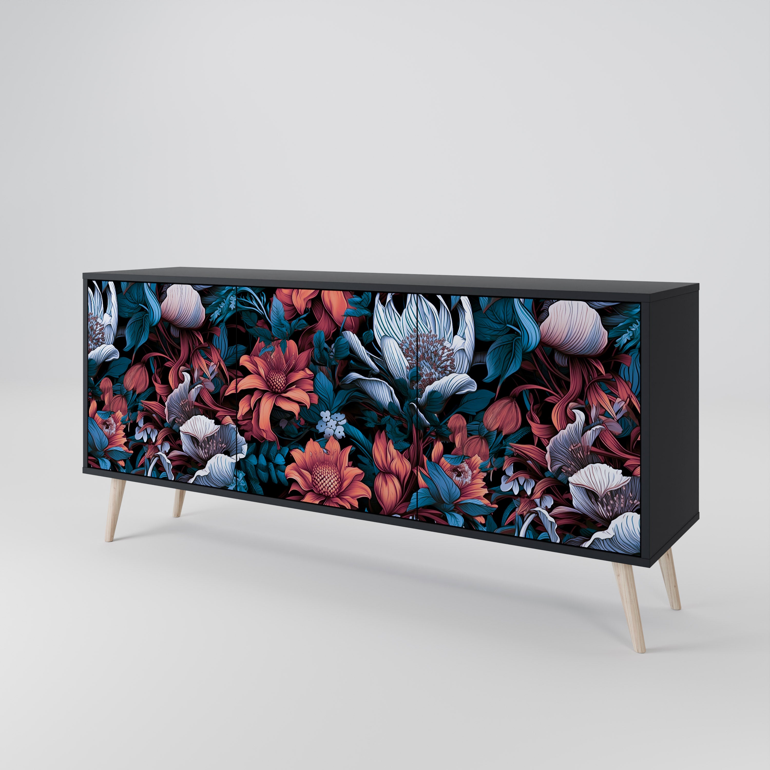 ETHEREAL BLOSSOMS 3-dörrars skänk i svart finish