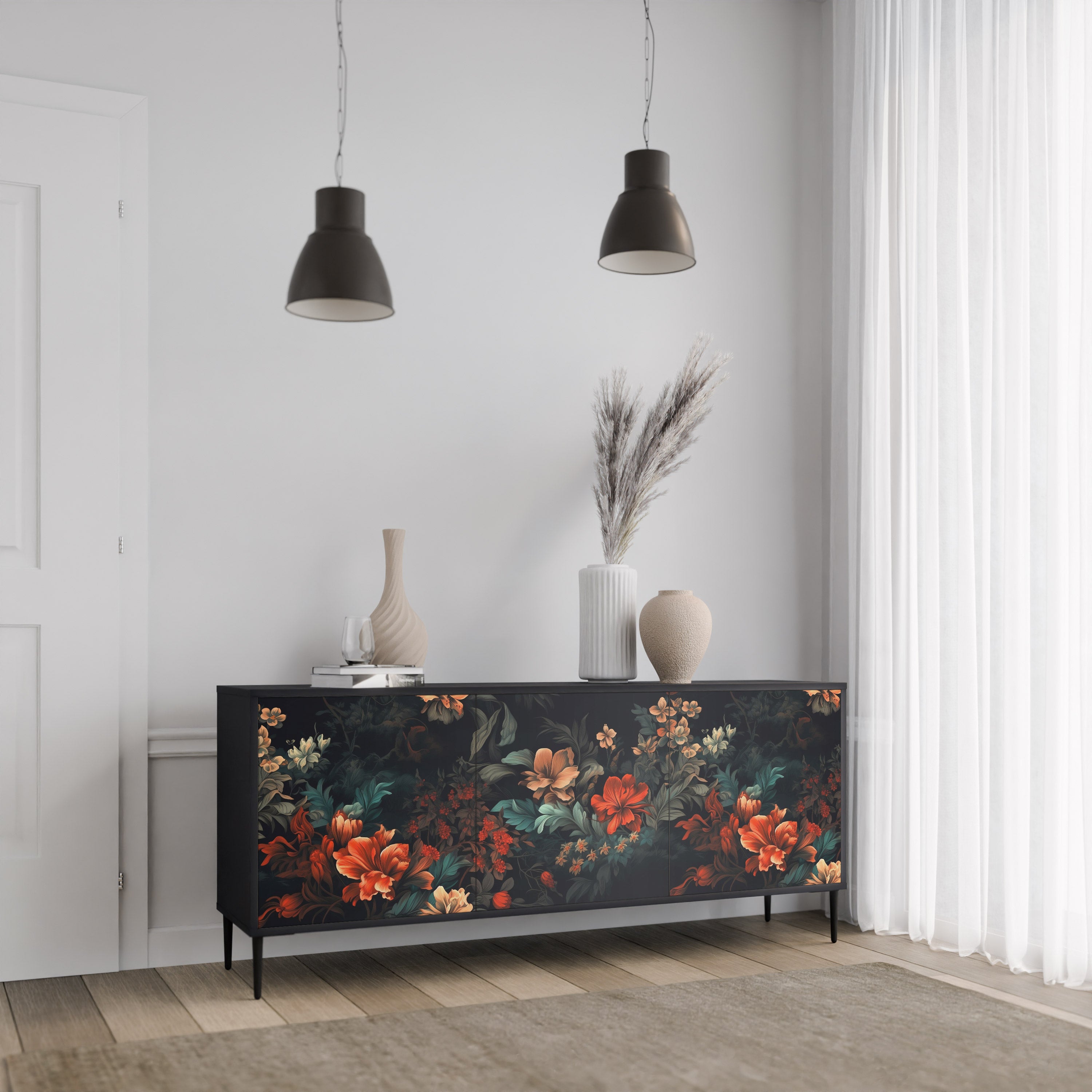 IMAGINARY BLOSSOM 3-dörrars skänk i svart finish