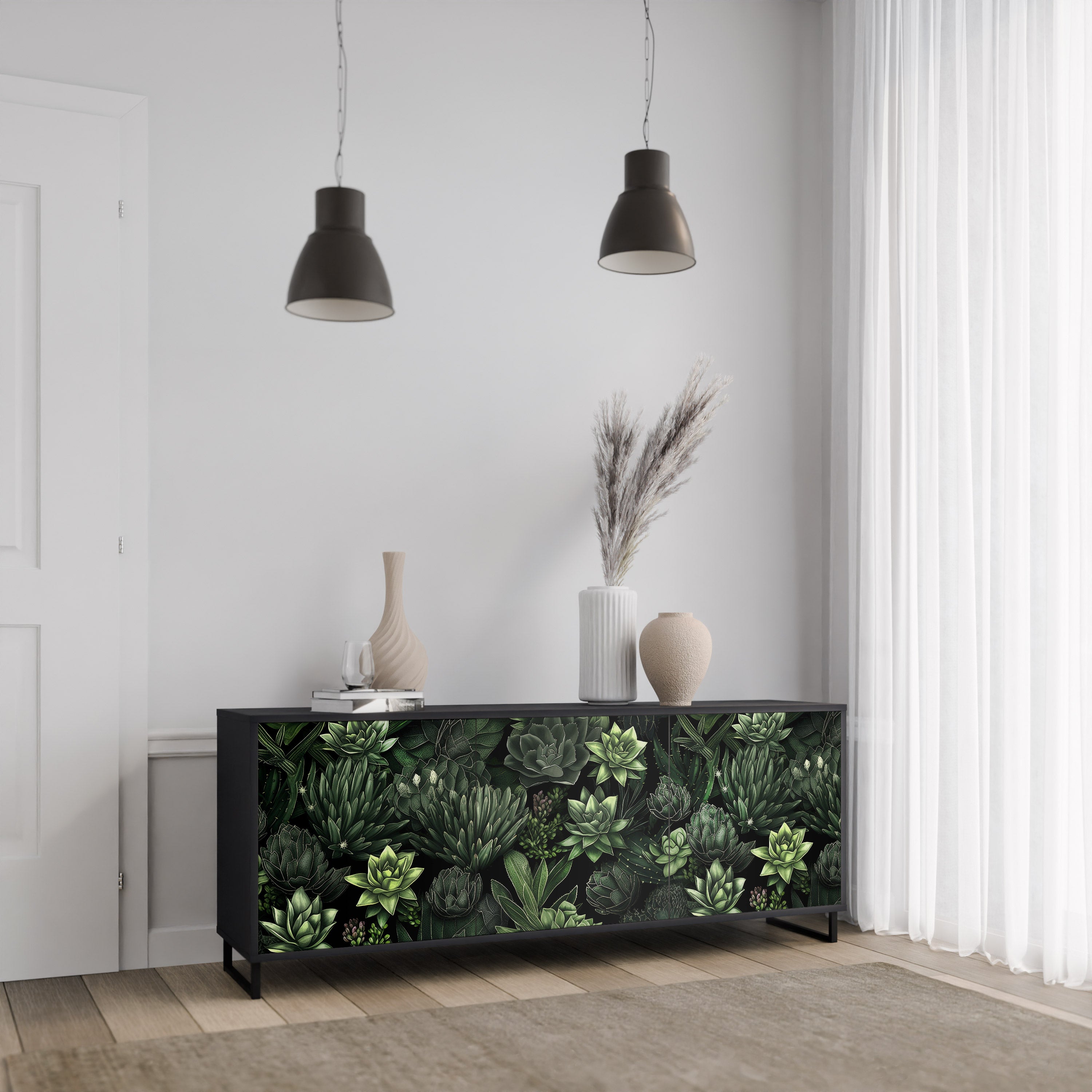 SUCCULENT JUNGLE 3-dörrars skänk i svart finish