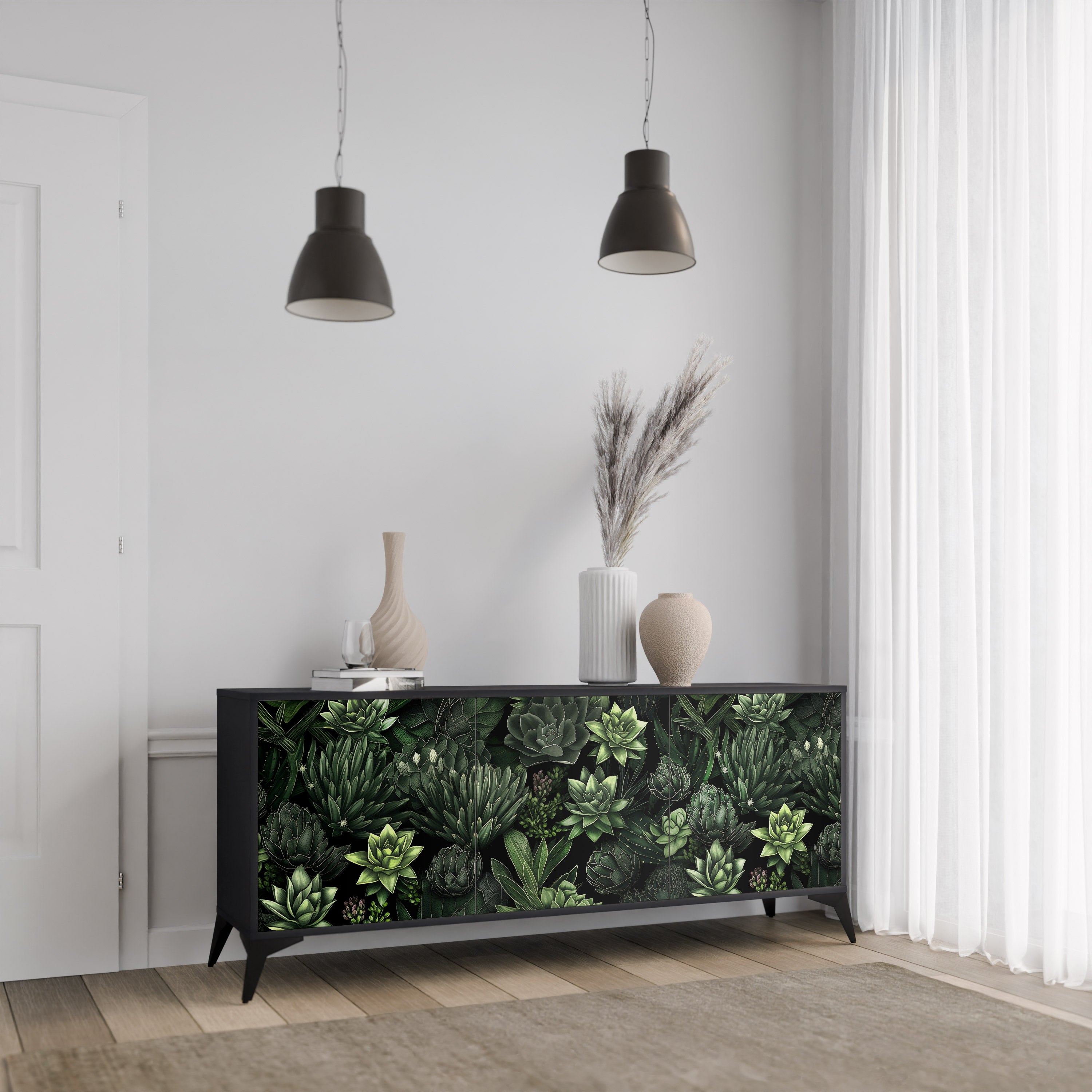 SUCCULENT JUNGLE 3-dörrars skänk i svart finish