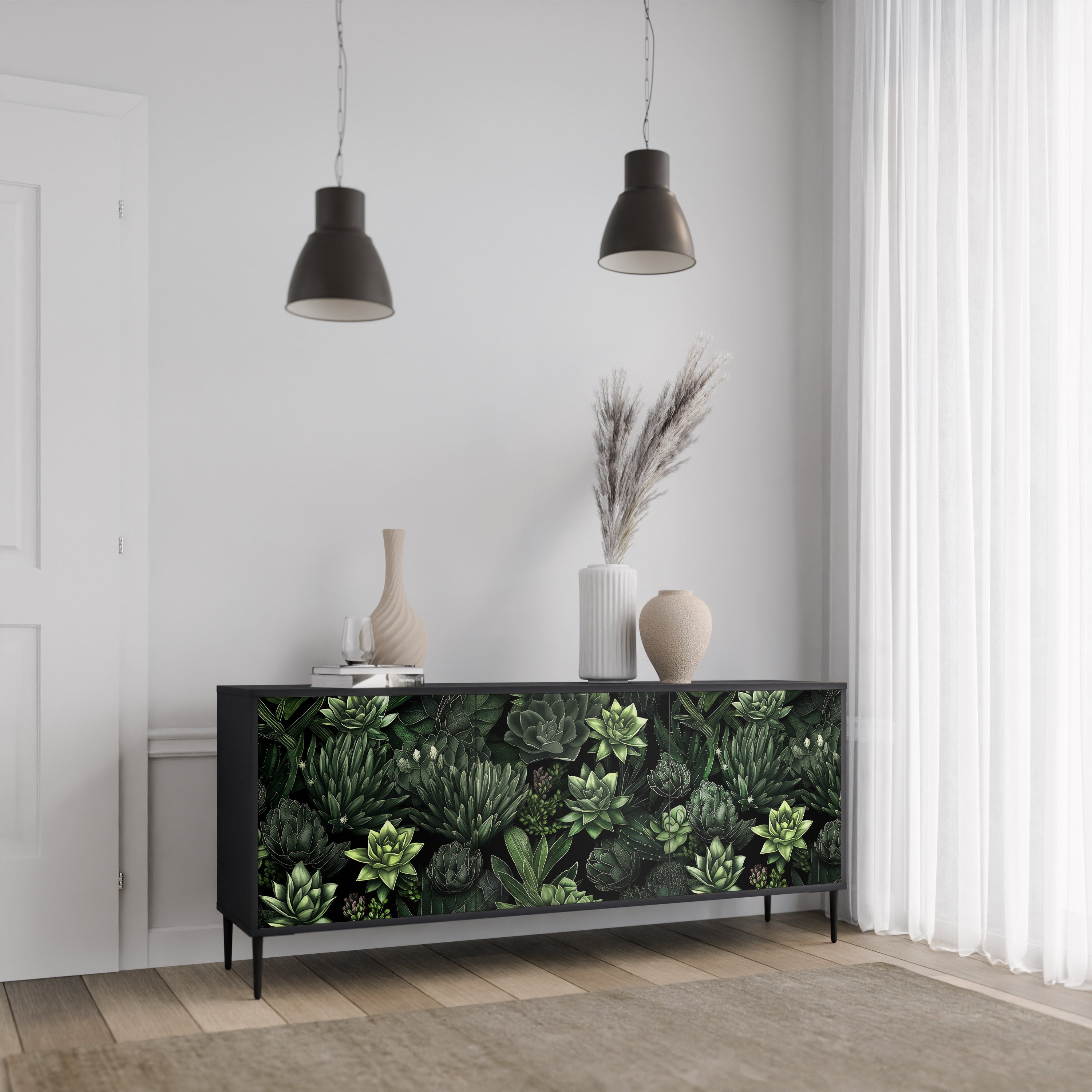 SUCCULENT JUNGLE 3-dörrars skänk i svart finish