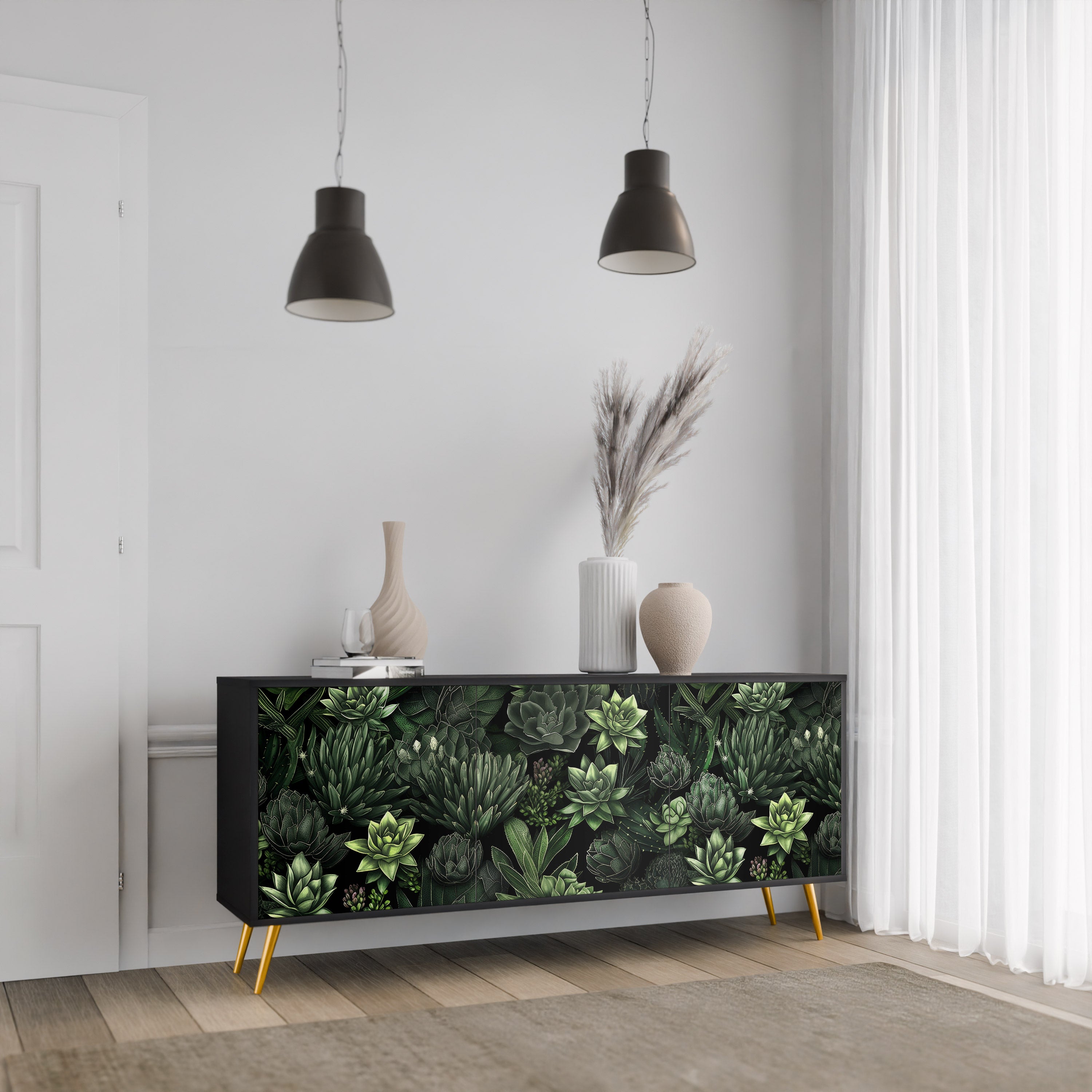 SUCCULENT JUNGLE 3-dörrars skänk i svart finish