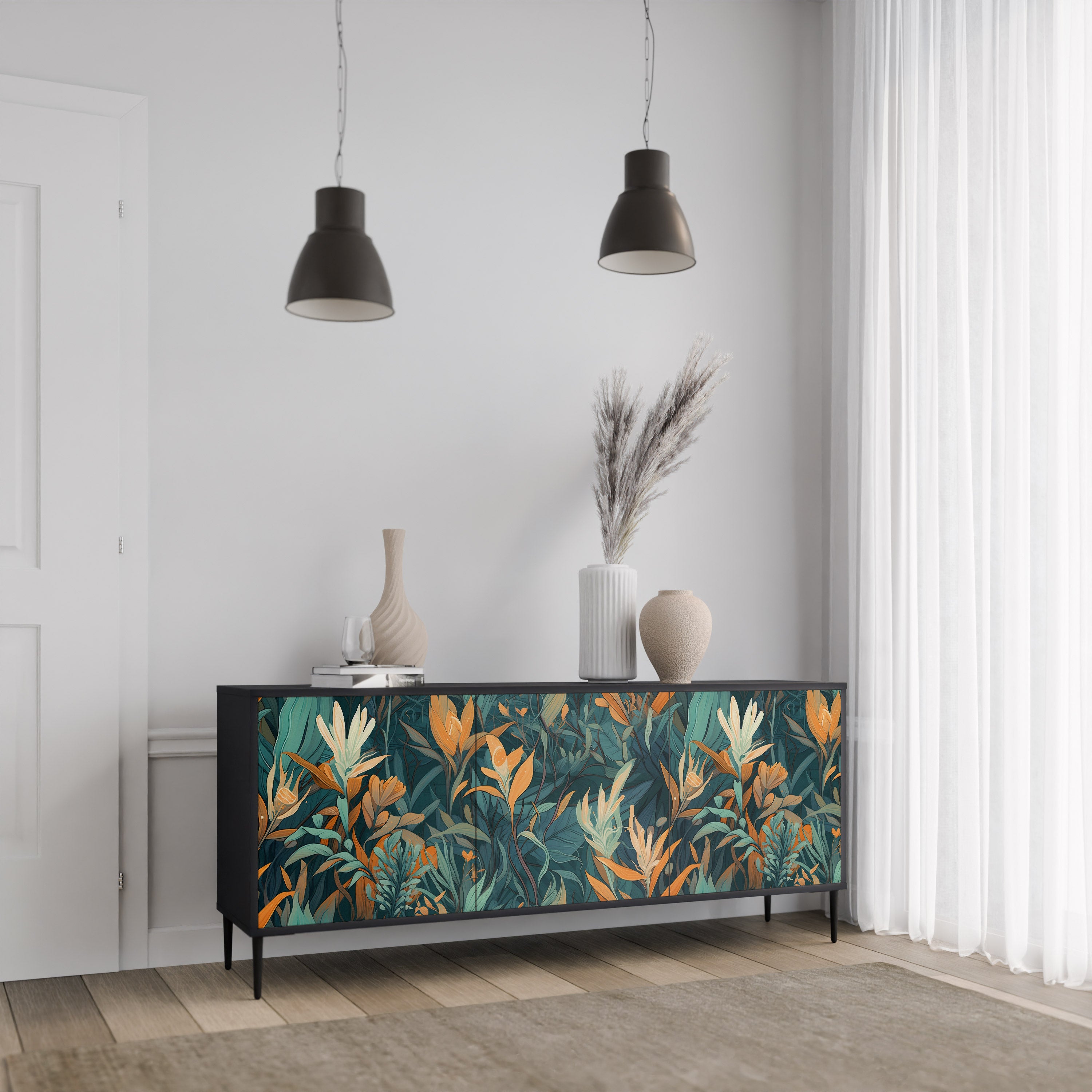 FLORAL SERENITY 3-dörrars skänk i svart finish