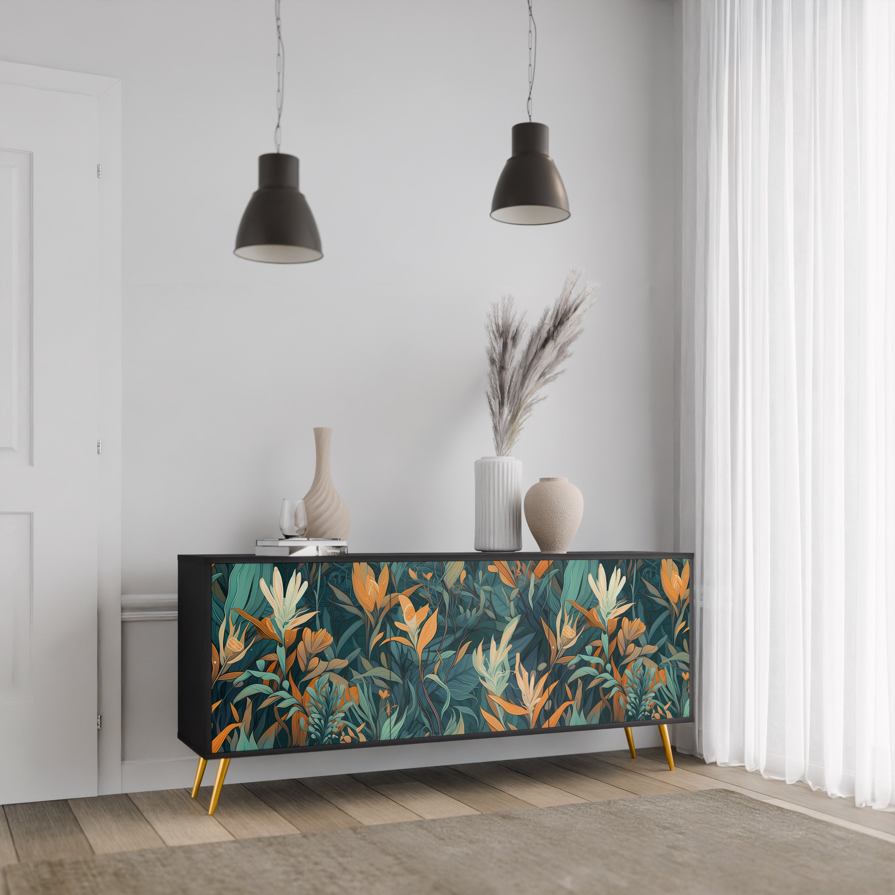 FLORAL SERENITY 3-dörrars skänk i svart finish