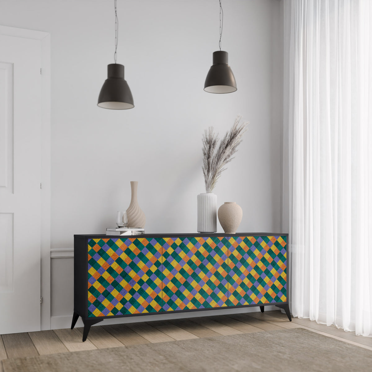 PAINTED SQUARES MIX Skänk med tre dörrar