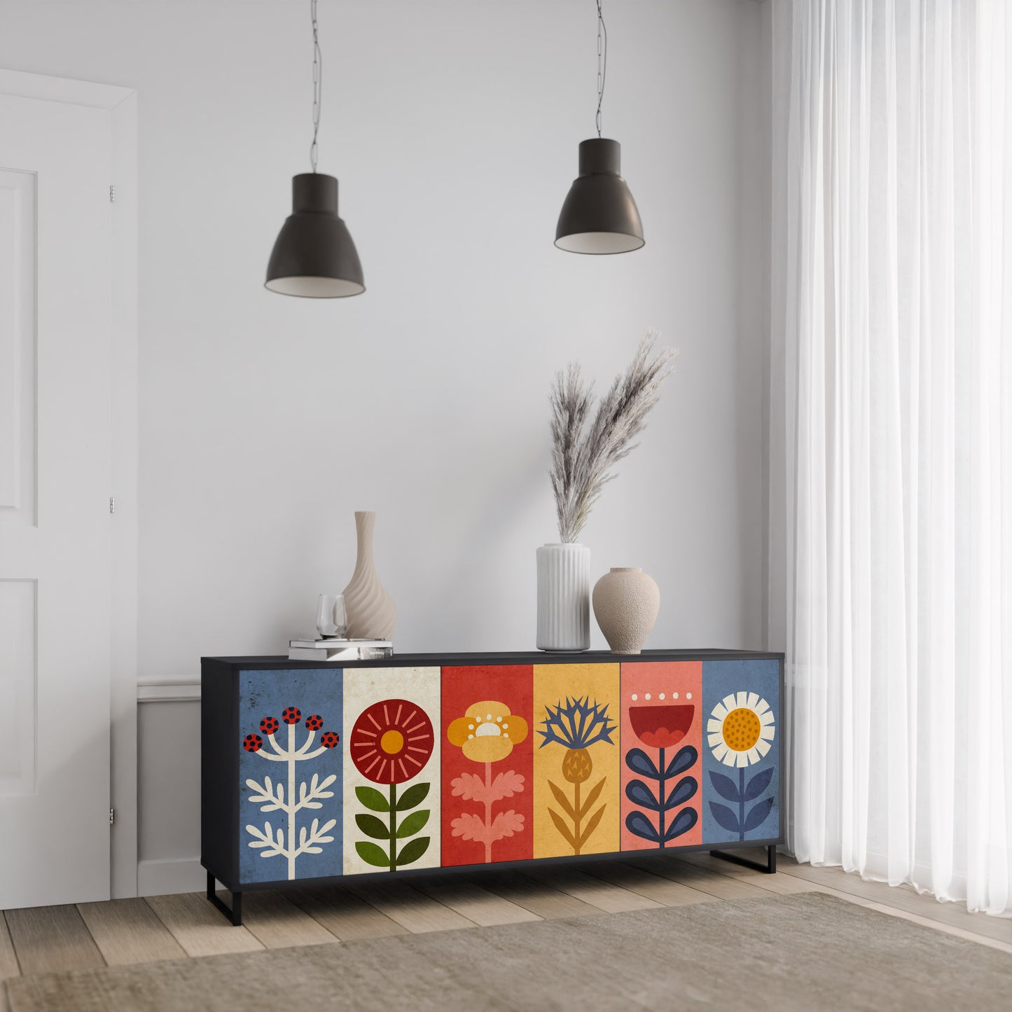 SCANDIC FLOWERET 3-Door Sideboard in Black Finish