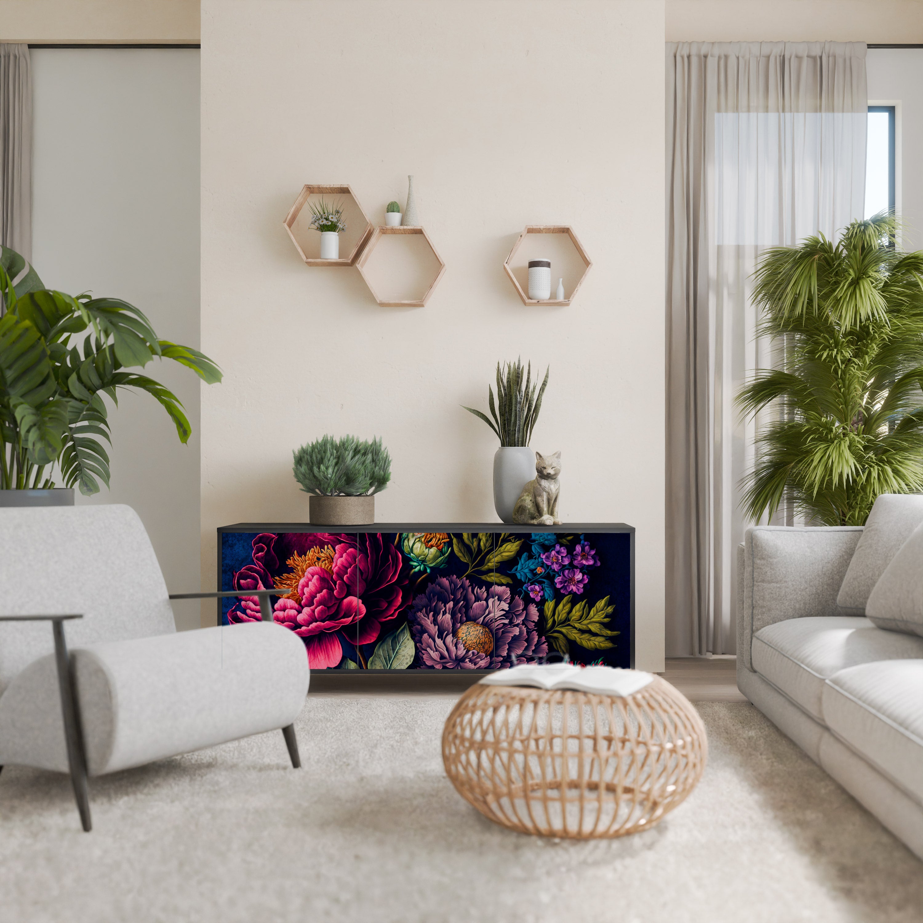 BLOOMING ELEGANCE 3-dörrars skänk i svart finish