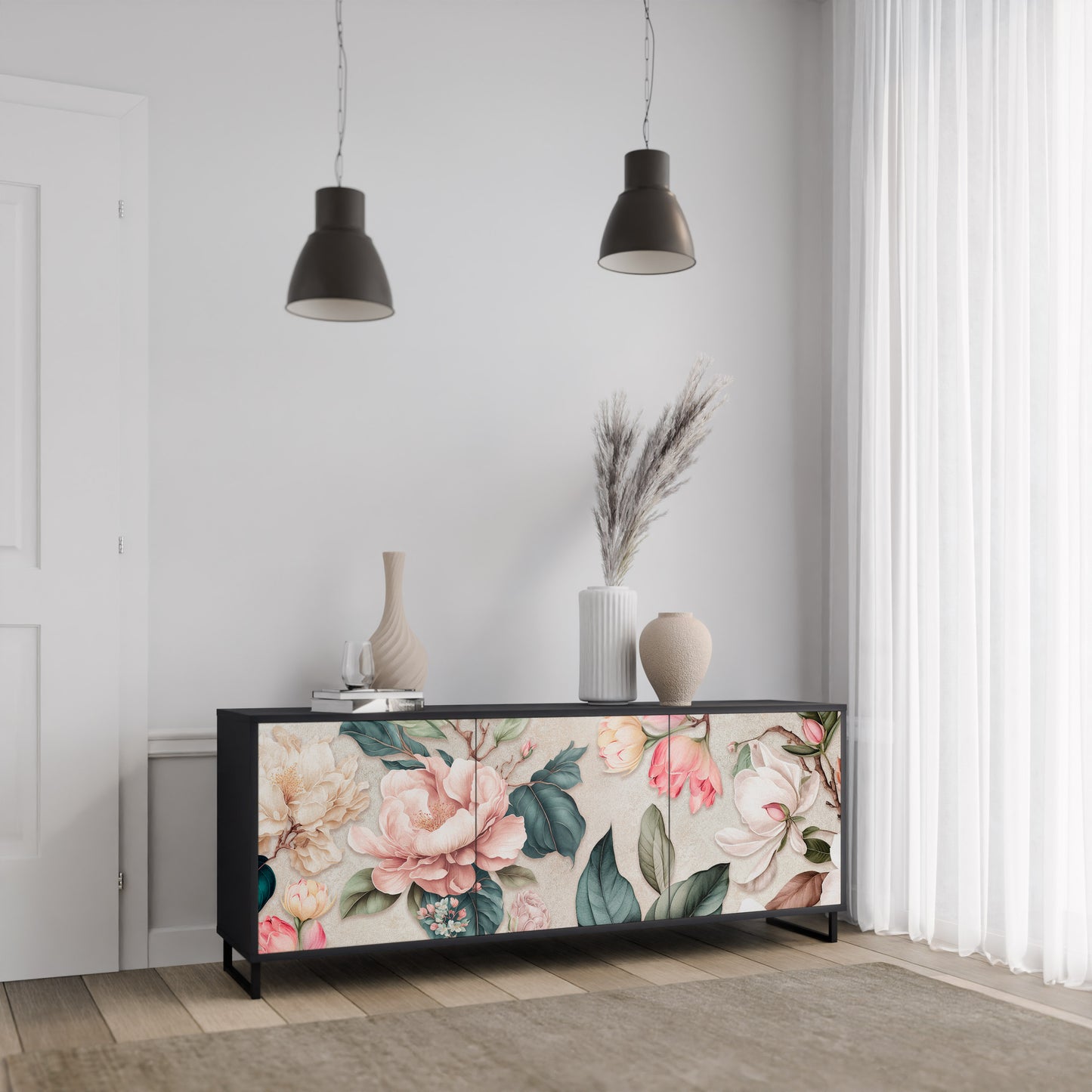 FLORAL GRACE 3-dörrars skänk i svart finish