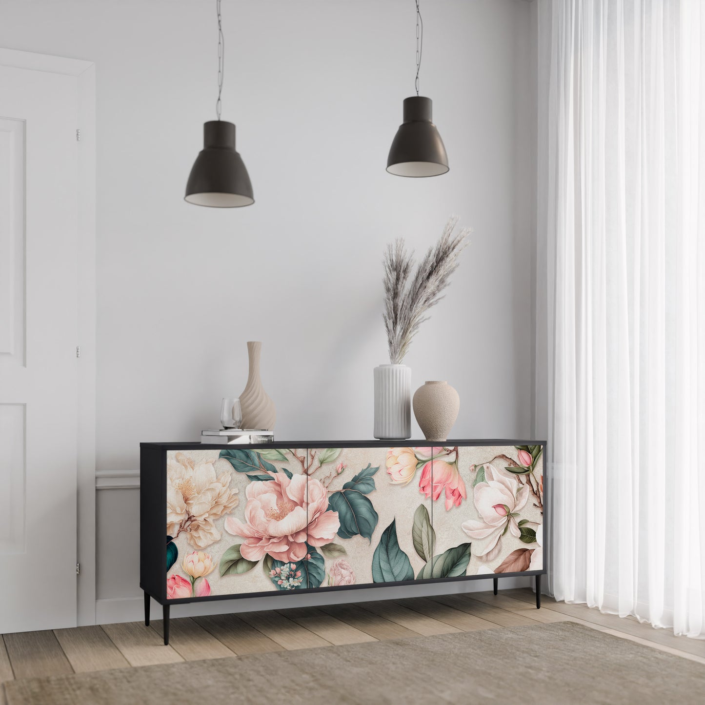 FLORAL GRACE 3-dörrars skänk i svart finish
