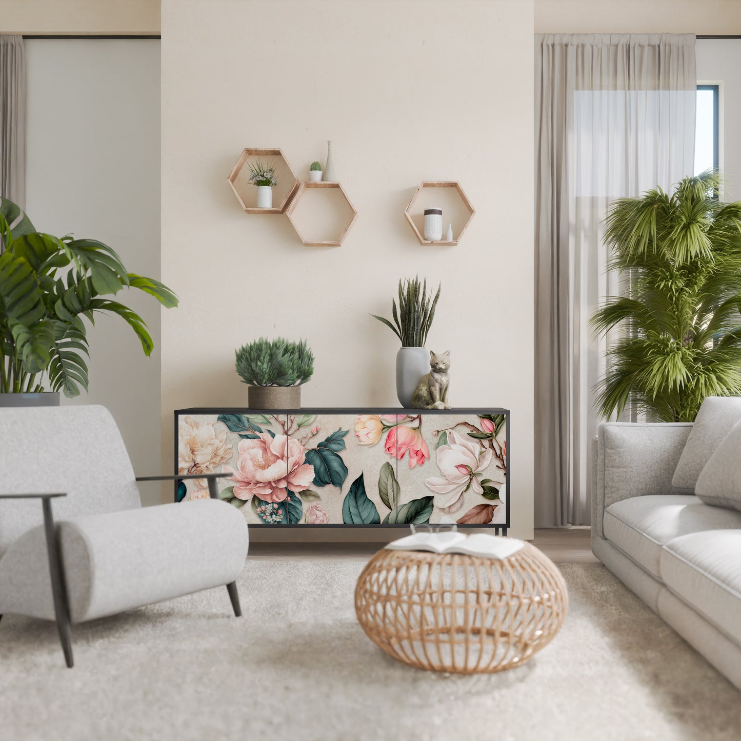 FLORAL GRACE 3-dörrars skänk i svart finish