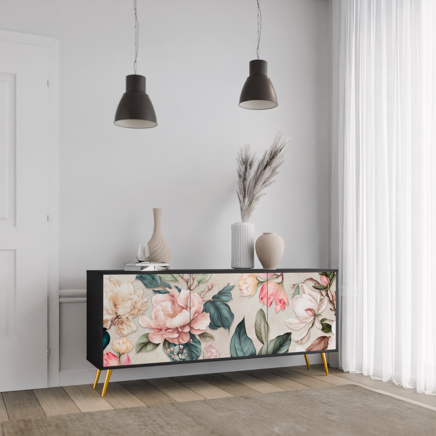 FLORAL GRACE 3-dörrars skänk i svart finish