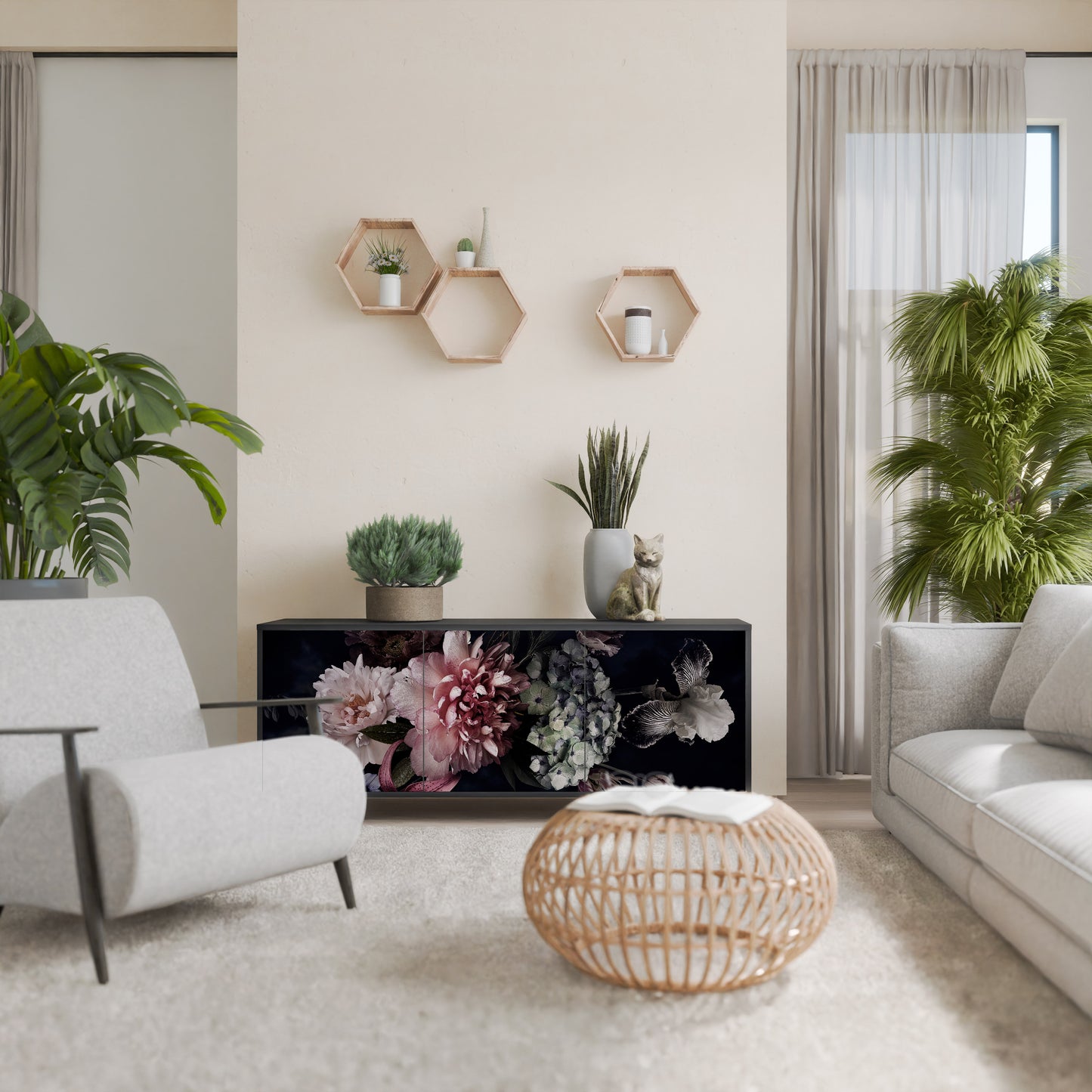 PURE BLOSSOM 3-dörrars skänk i svart finish