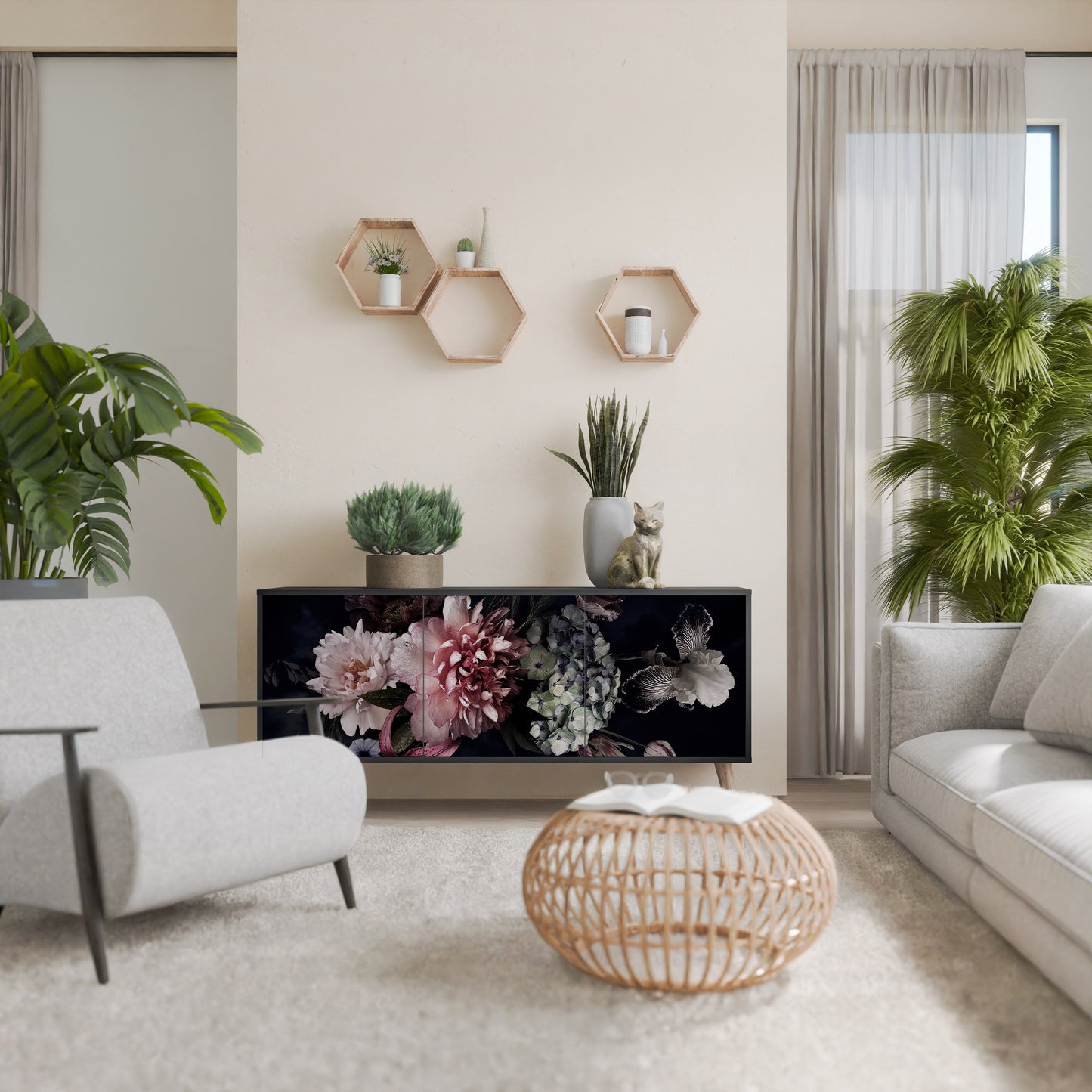 PURE BLOSSOM 3-dörrars skänk i svart finish