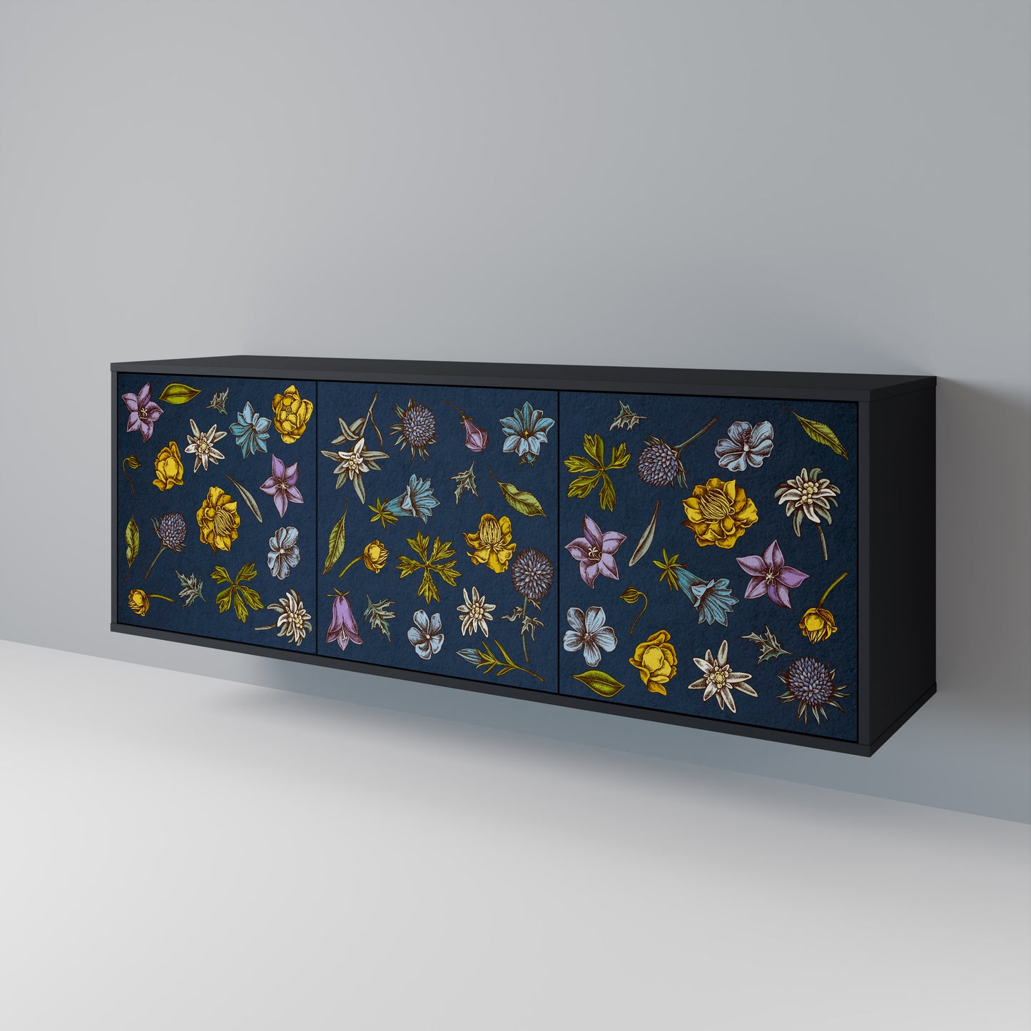 FLOWERS ON NAVY BLUE Skänk med tre dörrar