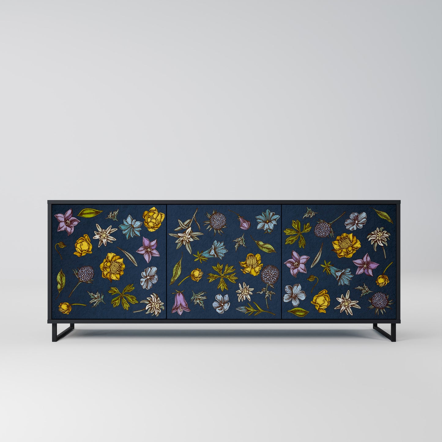 BLOMMOR PÅ MARINBLÅ 3-dörrars skänk i svart finish