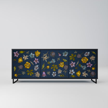 BLOMMOR PÅ MARINBLÅ 3-dörrars skänk i svart finish