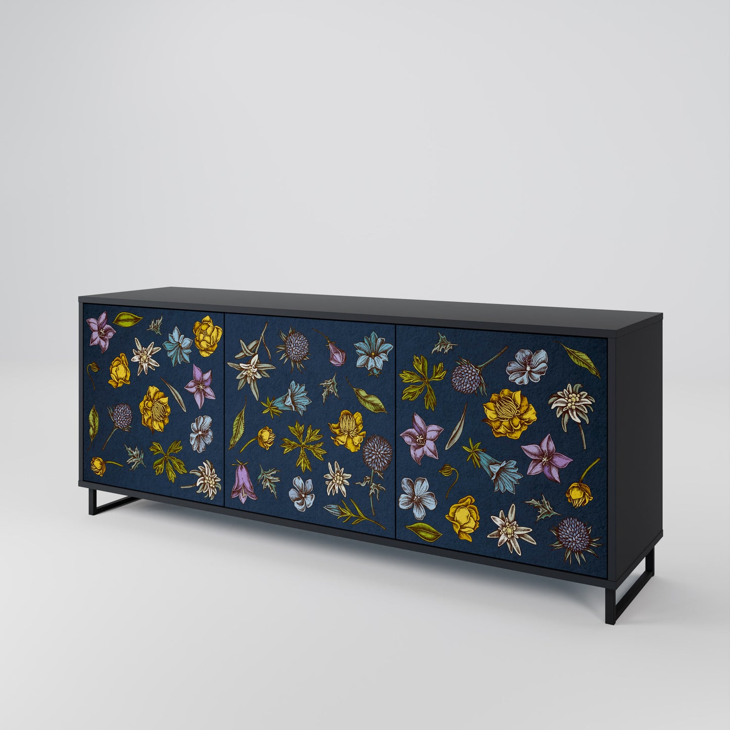 BLOMMOR PÅ MARINBLÅ 3-dörrars skänk i svart finish