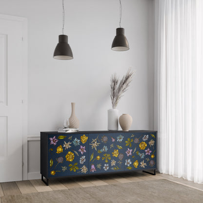 BLOMMOR PÅ MARINBLÅ 3-dörrars skänk i svart finish