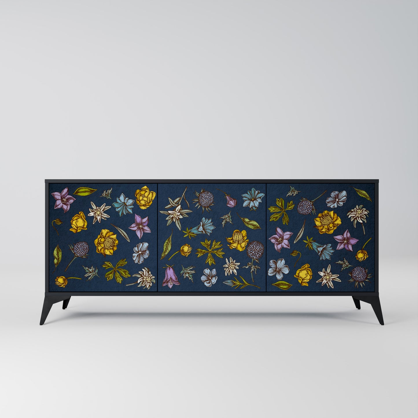 BLOMMOR PÅ MARINBLÅ 3-dörrars skänk i svart finish