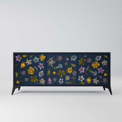 BLOMMOR PÅ MARINBLÅ 3-dörrars skänk i svart finish